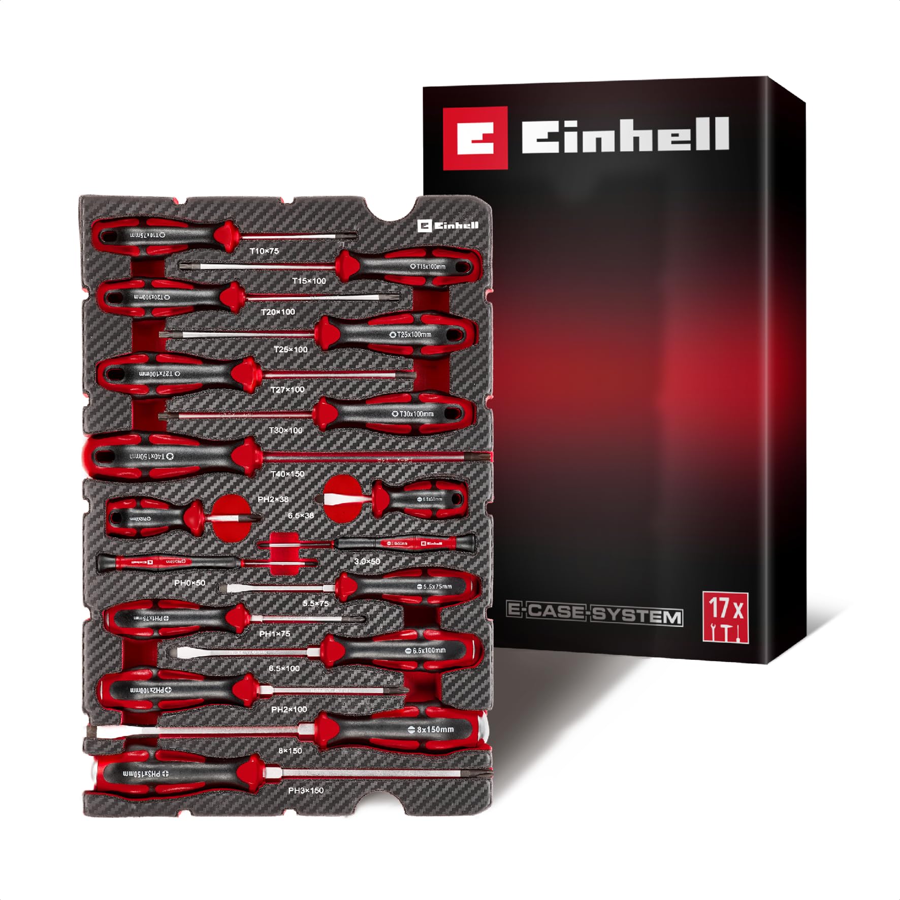 Original Einhell E-Case Pad 17-tlg. Schraubendreher (Vergaser-Schraubendreher, Präzisions-Schraubendreher, Schlagkappe, Innenstern-Profil, Chrom-Vanadium-Stahl, E-Case-System)