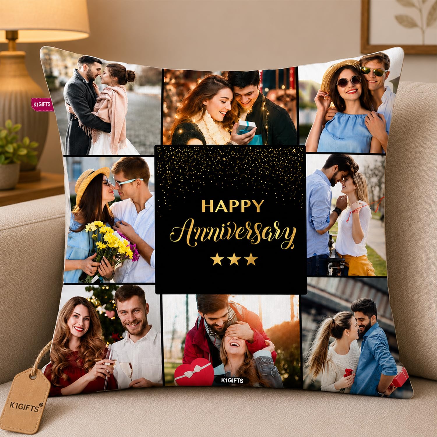 Happy Anniversary Personalized/Customized 8 Photo Pillow/Cushion- White Pillow with Filler, White Color - 8 Photo (12 x 12 Anniversary)-image-40
