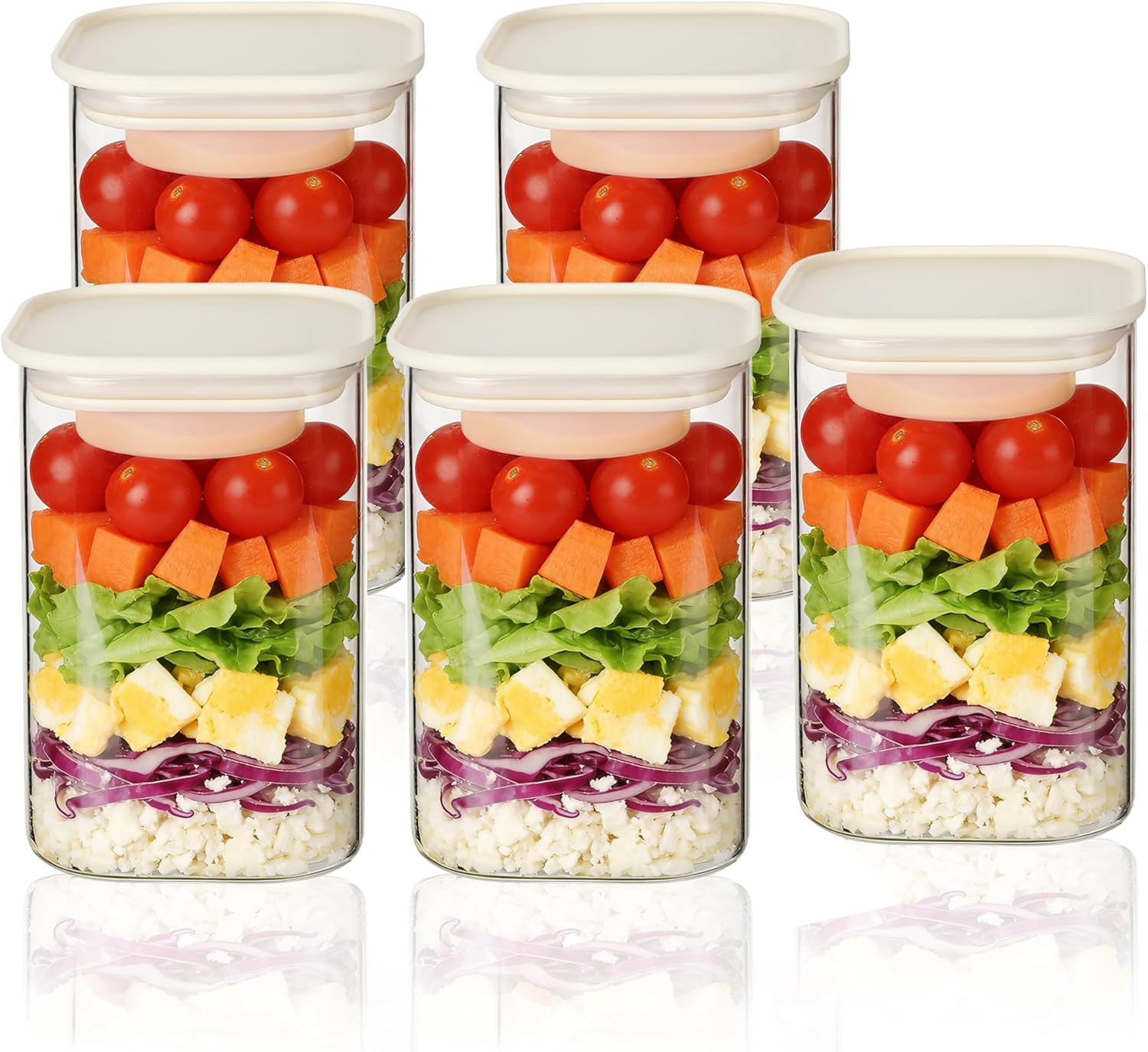 LIBWYS Glass Salad Jars with Lids Meal Prep, 39oz Larger Square Containers for Home Storage & Lunch, Built-In Leakproof Compartments, Wet/Dry Separation for Salad Dressing & Ingredients-5 Pack