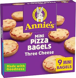 Annie's Frozen Three Cheese Mini Pizza Bagels, 9 Ct 6.65 oz - Whole Grain Snacks with Mozzarella, Cheddar & Jack, No Artificial Flavors