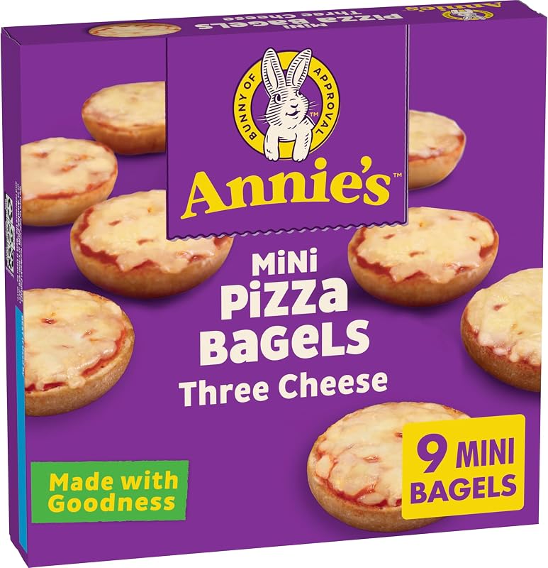 Annie's Mini bagels de pizza congelados, tres quesos, refrigerios, 9 unidades, 6,65 oz | Prepare en el horno tostador o en el microondas, 8 g de cereales integrales por porción, sin saborizantes ni colorantes artificiales
