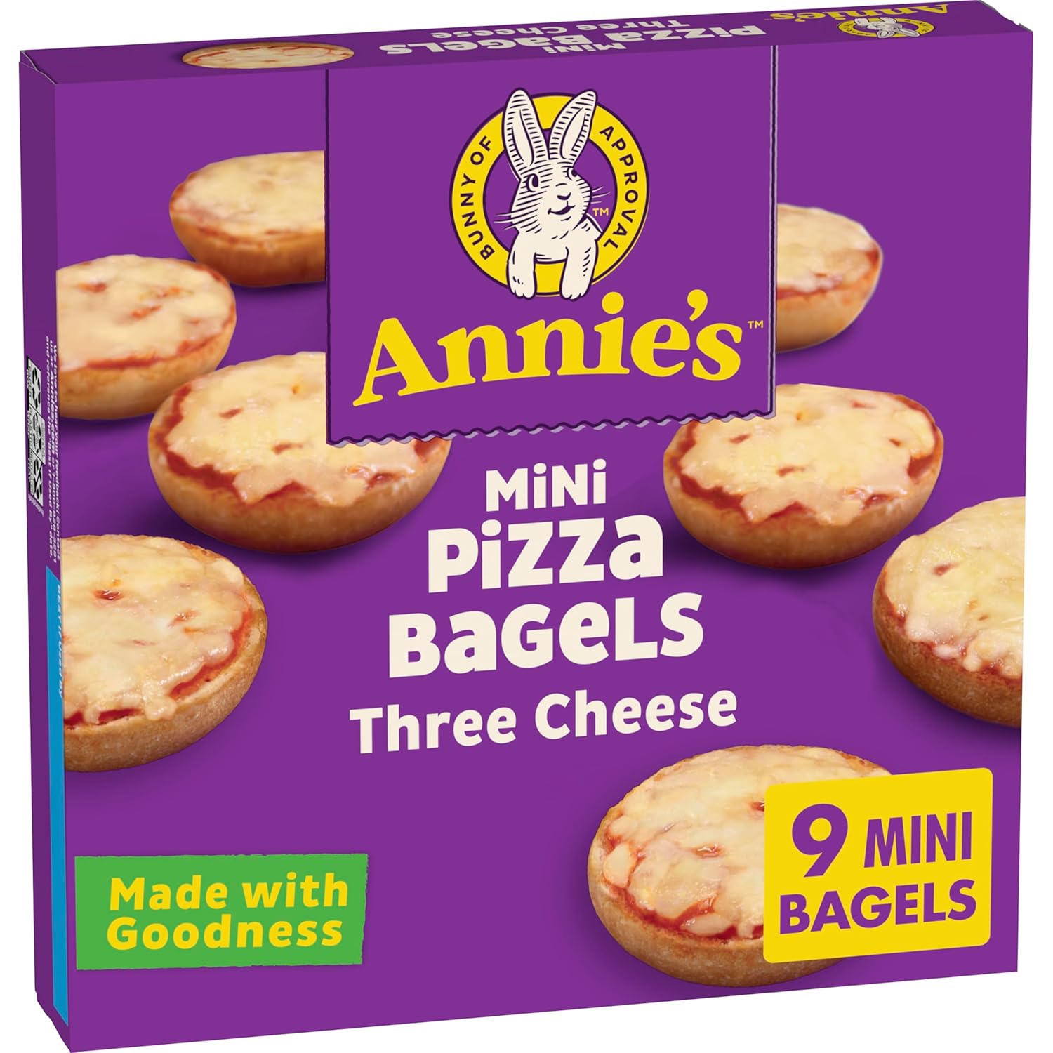 Annie's Frozen Three Cheese Mini Pizza Bagels, 9 Ct 6.65 oz - Whole Grain Snacks with Mozzarella, Cheddar & Jack, No Artificial Flavors