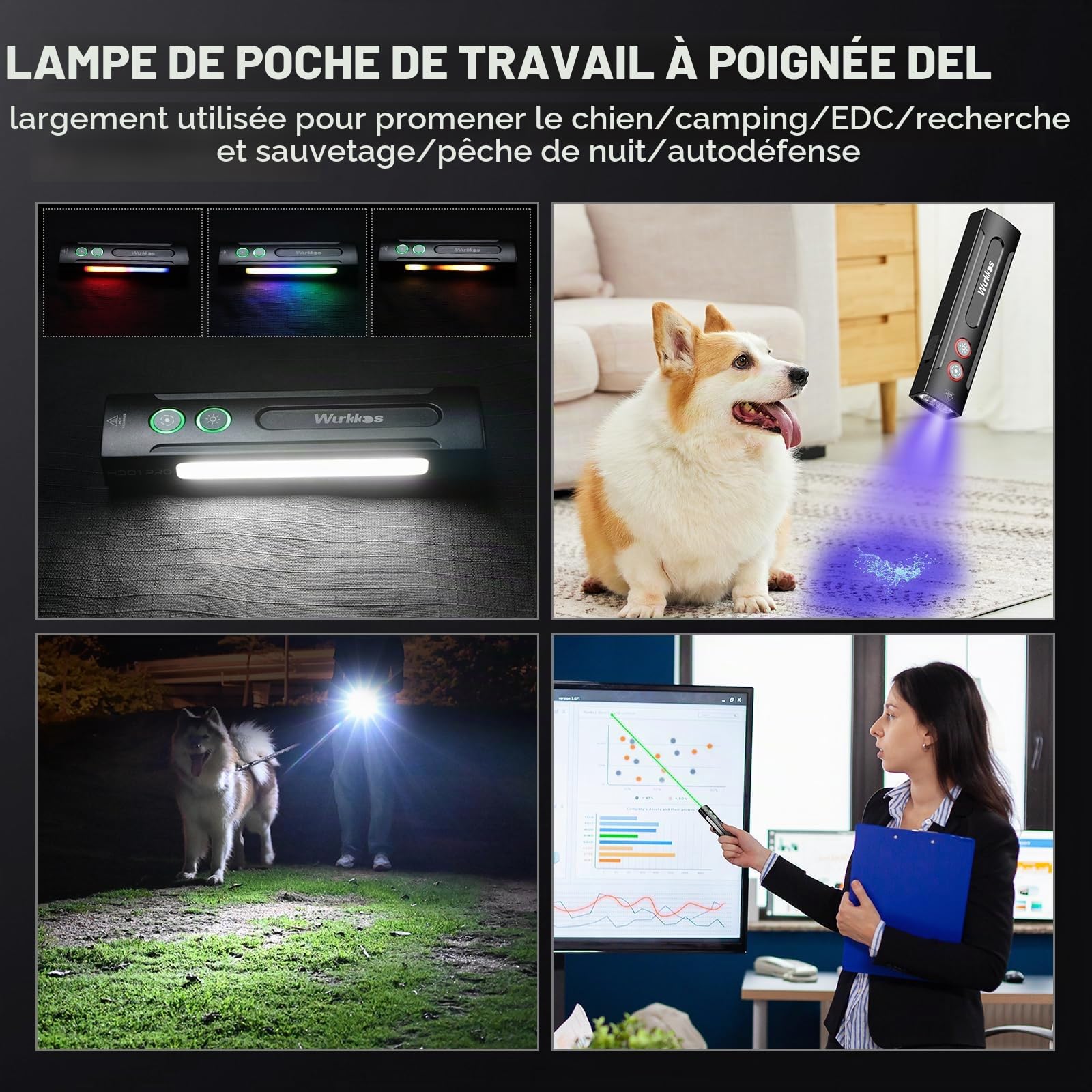 Wurkkos HD01 Pro Lampe de poche, lampe de poche EDC avec lumière blanche, lumière UV 365nm, lumière RVB, lampe de poche pour l'extérieur, la détection d'urine d'animaux domestiques