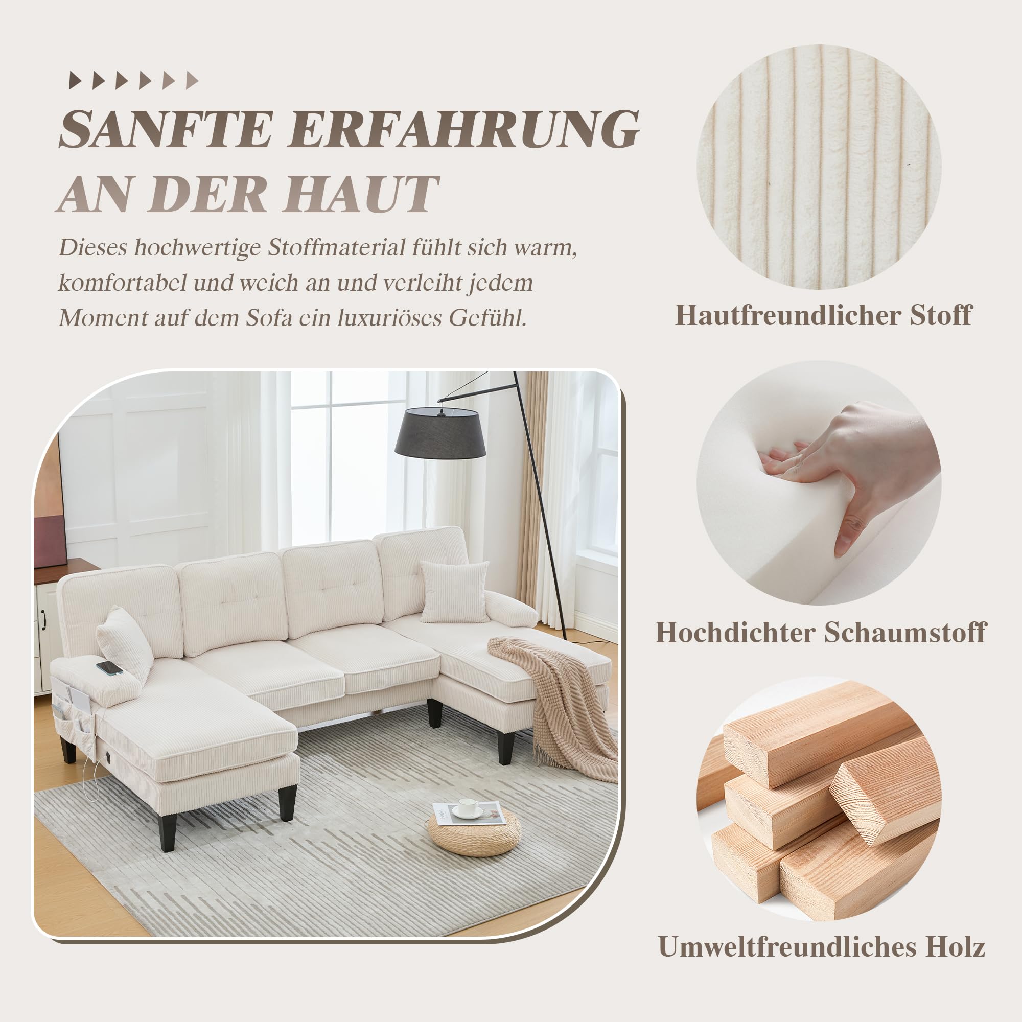 Canapé d'angle Convertible, Canapé 4 Places avec Méridiennes, Porte-Gobelets, Poches Latérales, Ports USB et Type-C, Tissu en Coton Lin, Canape en U pour Salon, Appartement