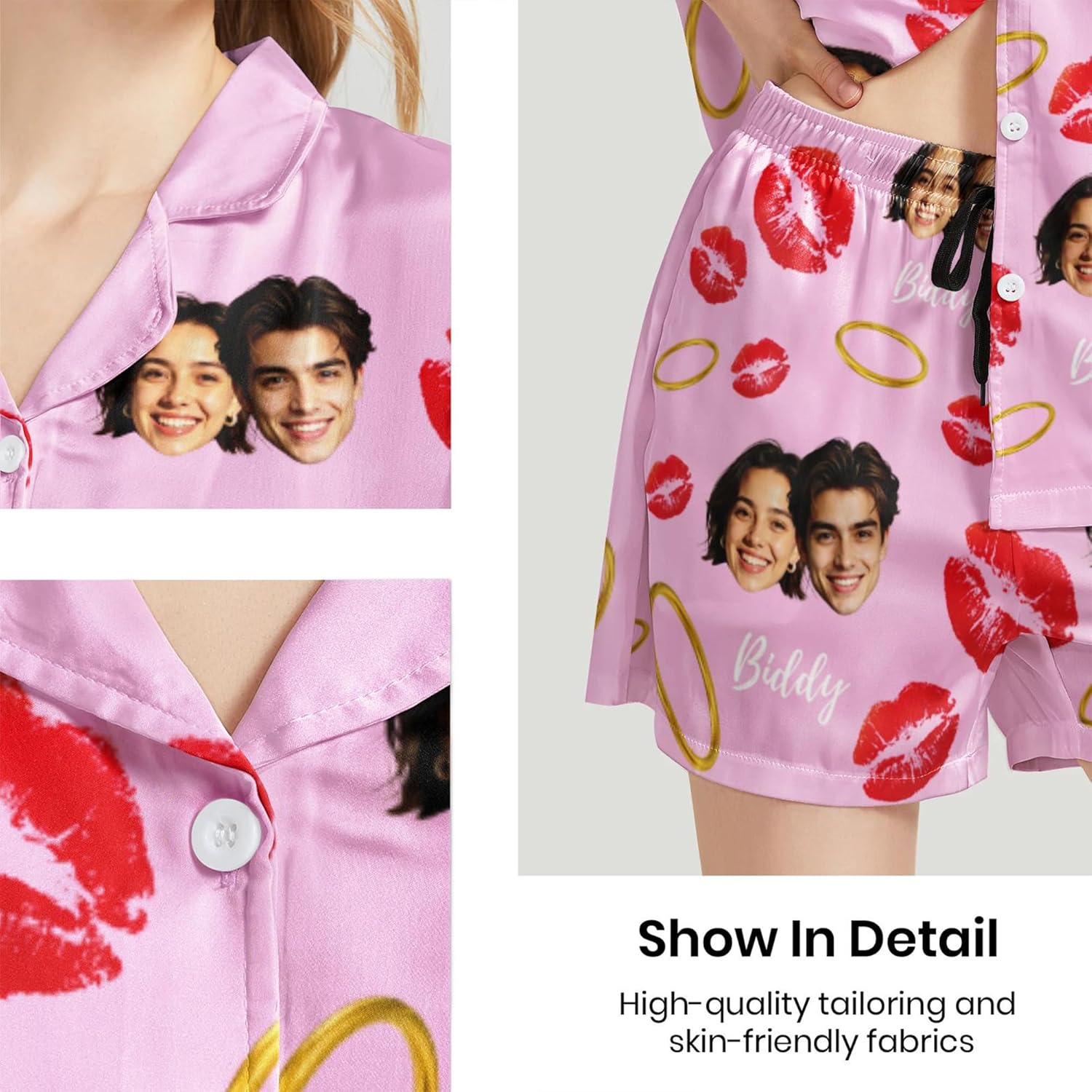 DIYKST Custom Face Pajamas for Women, Personalized Short Pjs with Button Down, Valentine's Day Gift Bride Soft Pj Sets - Image 4