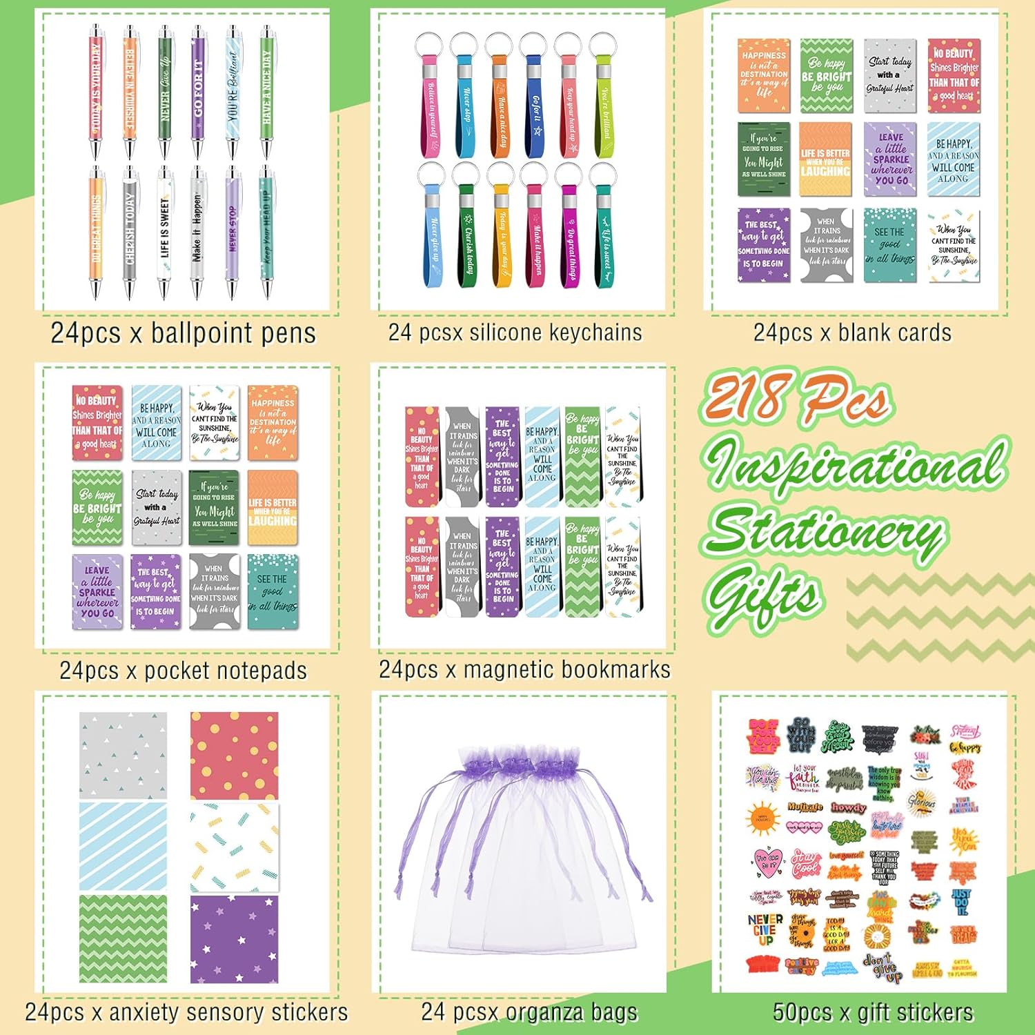 Pasimy 218 Pcs Inspirational Stationery Gifts Motivational Mini Notepad Pen Quote Bookmarks Stress Relief Stickers Inspiring Silicone Keychains for Home Office Appreciation Gift(Stylish) - Image 2