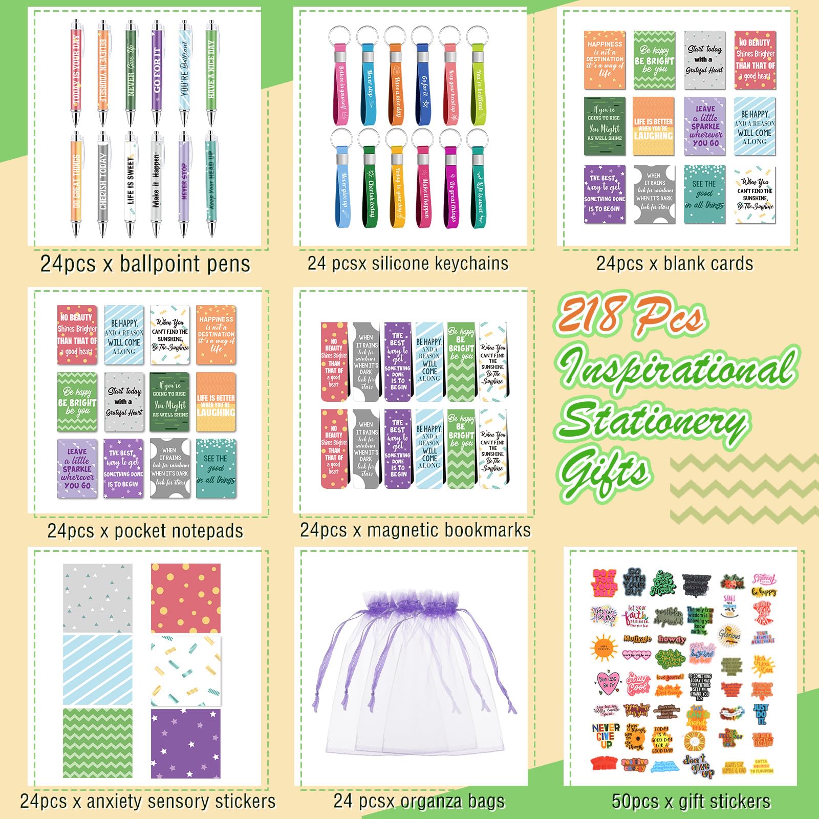 Pasimy 218 piezas de artículos de papelería inspiradores, mini bloc de notas motivacionales, marcadores para libros, calcomanías para aliviar el estrés, llaveros de silicona inspiradores para niños y