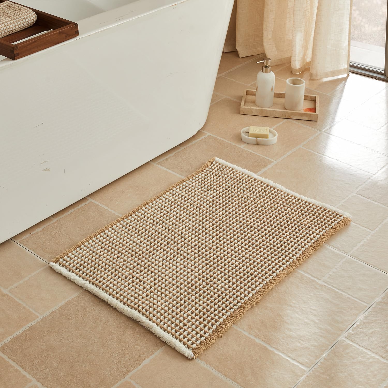Triohero Waffle Bath Mat, Boho Bathroom Rugs Non Slip Washable, Ultra Soft Super Absorbent Quick Dry Farmhouse Bathroom Decor, 20" x 30", Khaki &