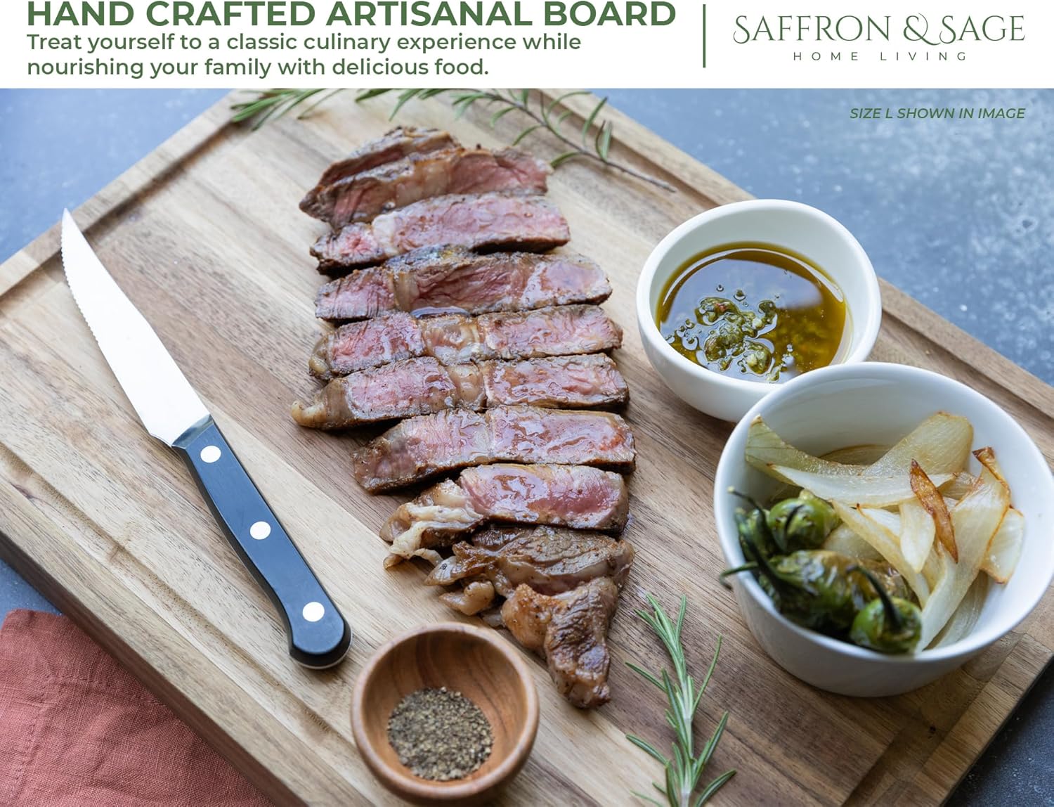 Saffron & Sage Large Wood Cutting Board - Thick 16 x 12 x 1.5 Inch Acacia Wooden Cutting Boards for Kitchen use with Deep Juice Groove, Reversible Chopping Board Doubles as a Big Charcuterie Board