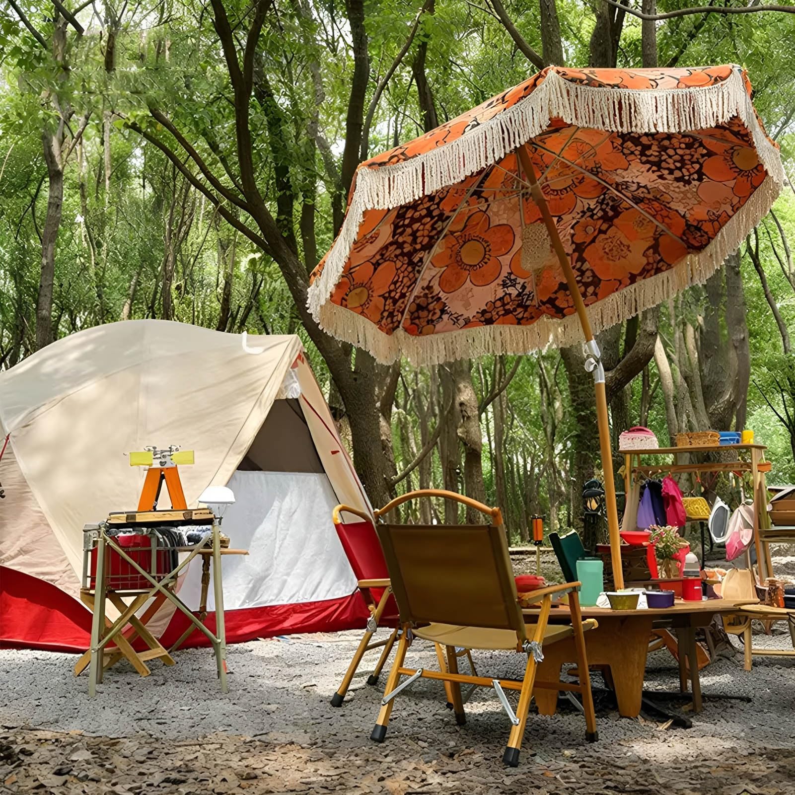 Parasol ogrodowy w stylu boho o średnicy 200 cm z frędzlami, z osłoną o współczynniku UPF 50+ i odpornością na wodę, z nadrukiem