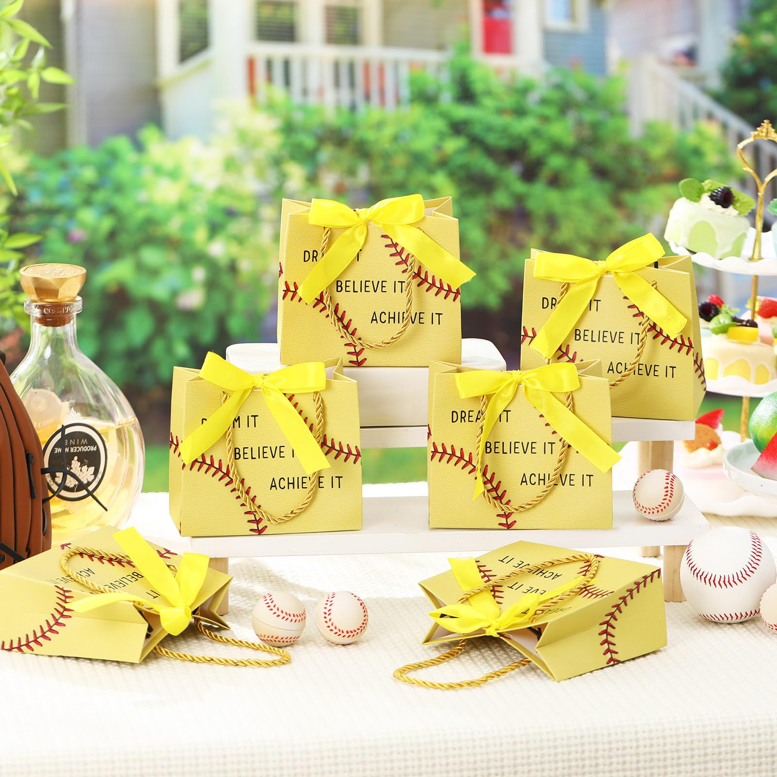 Marspark 20 Pcs Softball Graduation Party Gift Bags with Handle Ribbon Softball Goodie Treat Bags 5.5 x 4.7 x 2.3'' Inspirational Sports Theme Handbags End of Year Gift for Sports Birthday Classroom