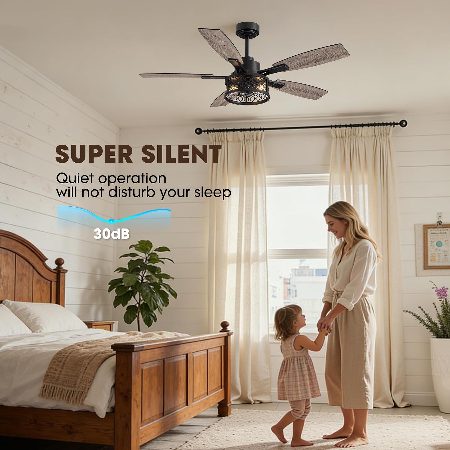 SNZ 52 Inch Farmhouse Ceiling Fans with Lights, Black Ceiling Fan Remote & APP Control, 5 Blades, Dimmable Light, Reversible DC Motor for Bedroom Living Room