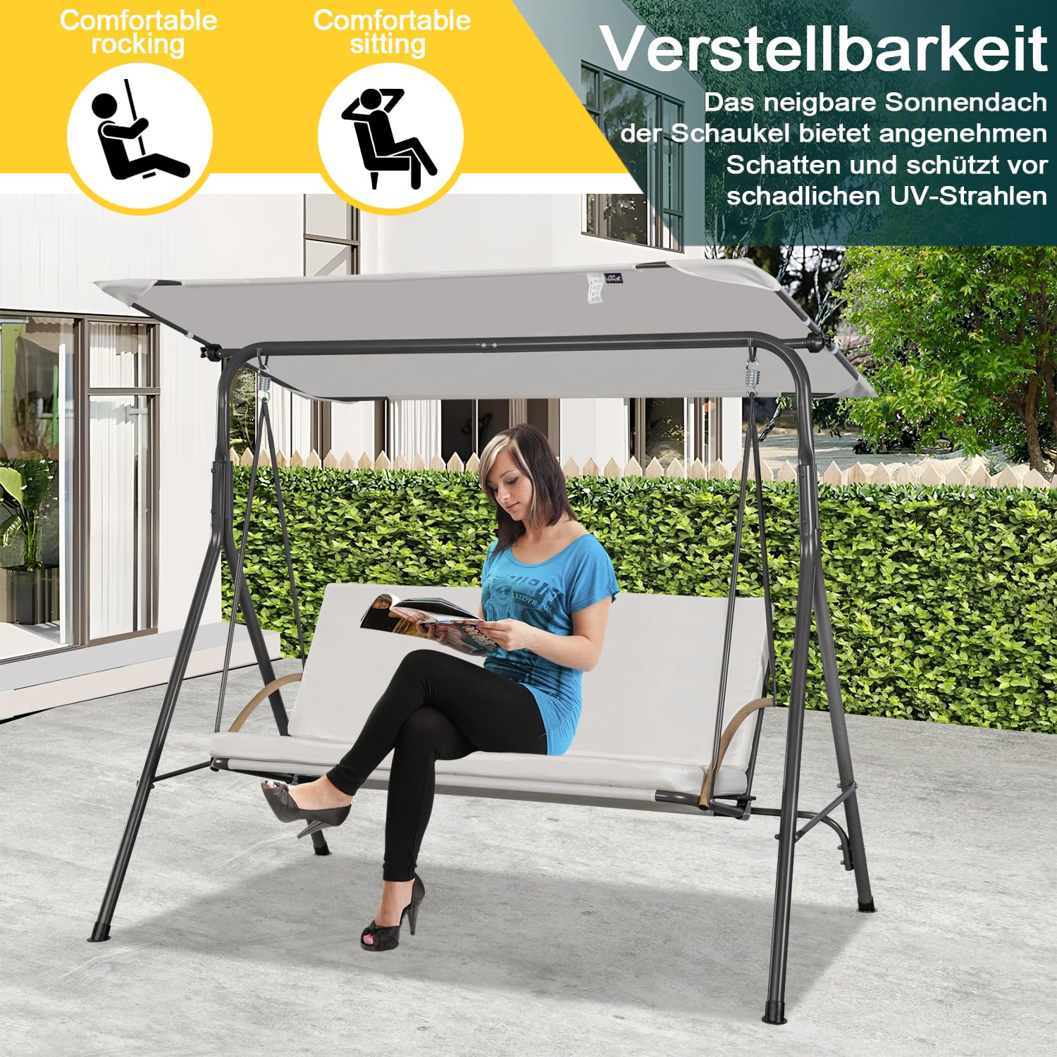 Angel Living Balancelle de Jardin 3 Places avec Auvent, Coussin Épais et Structure en Acier, Tissu Oxford, pour Terrasse, Patio, 170x110x152cm, Blance