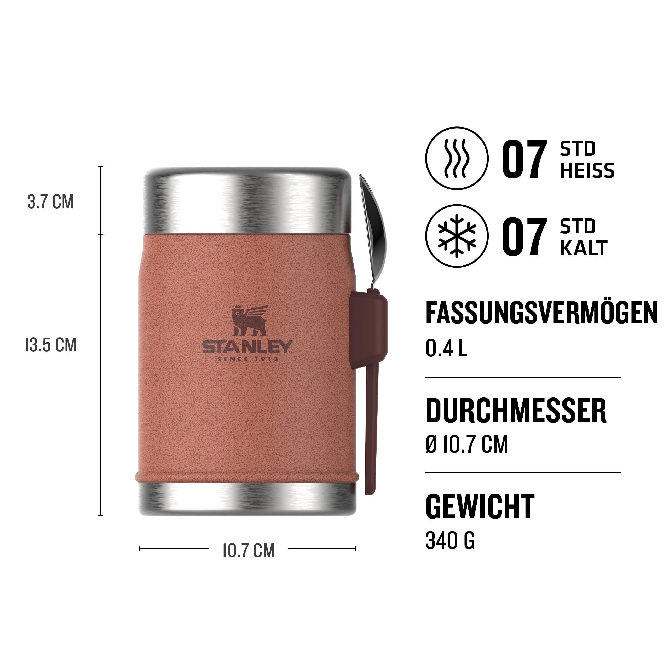 STANLEY 1913 Classic Legendary Food Jar mit Spork 400 ml - Hammertone Clay | Hält 7 Std. heiß oder kalt - Auslaufsicher - BPA-frei - Breite Öffnung