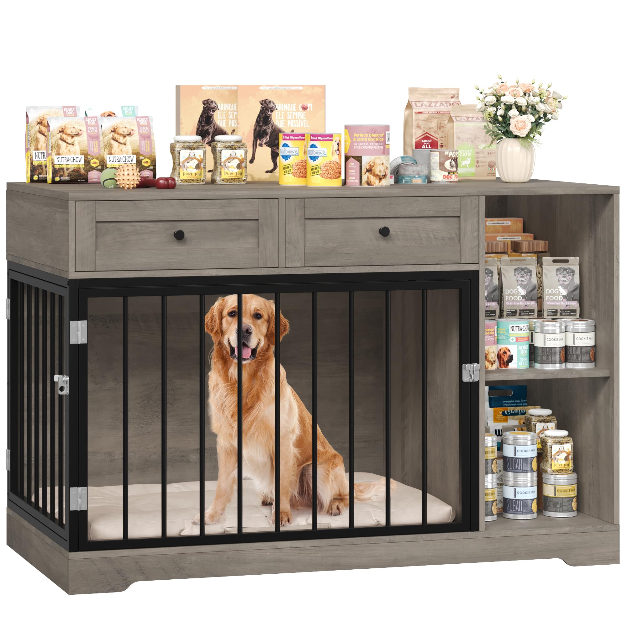 FirFurd 120 cm Jaula para Perros, Jaula Perro Grande, Caseta Perro, para Perros Pequeños y Medianos, para Interior, Metal y Madera, con 2 Cajones (Retro)
