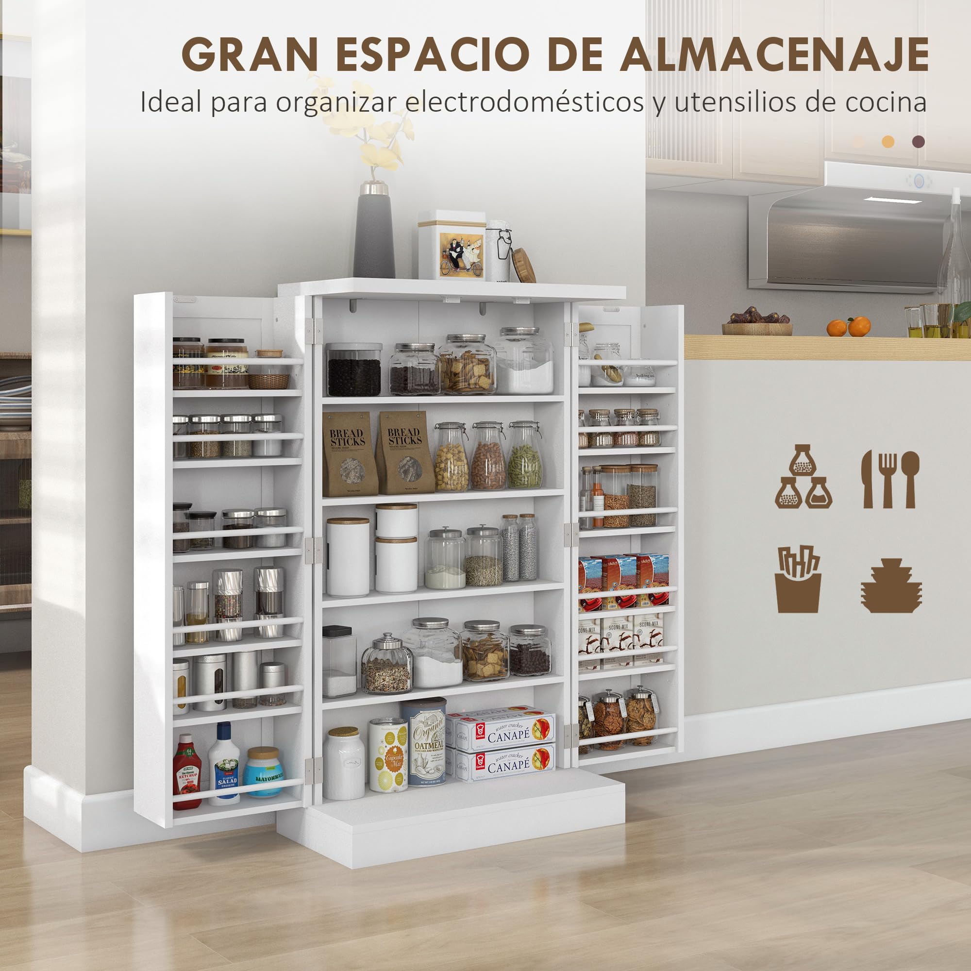 HOMCOM Armario de Cocina, Armario Despensa Cocina, con 2 Puertas, 16 Estantes, Alacena Moderna, con Estantes Ajustables, para Comedor, Salón, 60x30x104 cm, Blanco