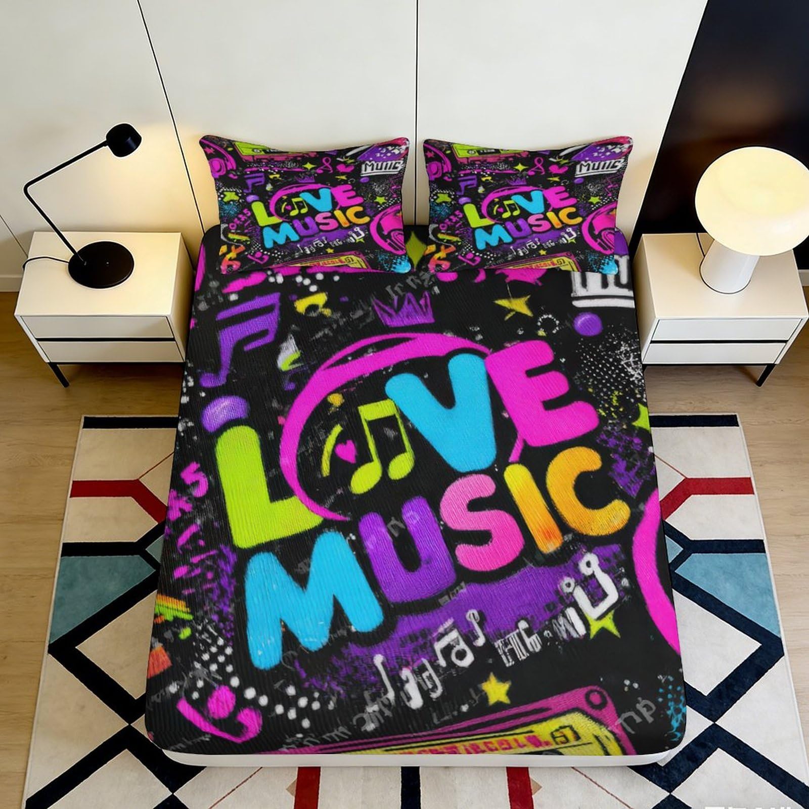 3D Printed Music Theme Fitted Sheet Microfiber Non-Slip Deep Pocket for Adult Bedroom Bedding Love Music Mattress Fitted Cover 90x200x25cm