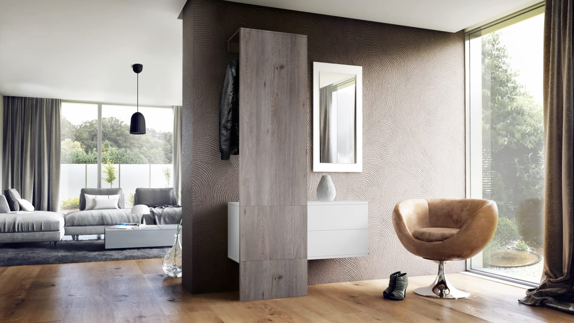 Vladon Mueble recibidor Carlton Set 2, Mueble de Entrada Compuesto por 1 Perchero, 1 Armario de cajones y 1 Espejo de Pared, Blanco Mate/Roble nórdico (105 x 193 x 35 cm)