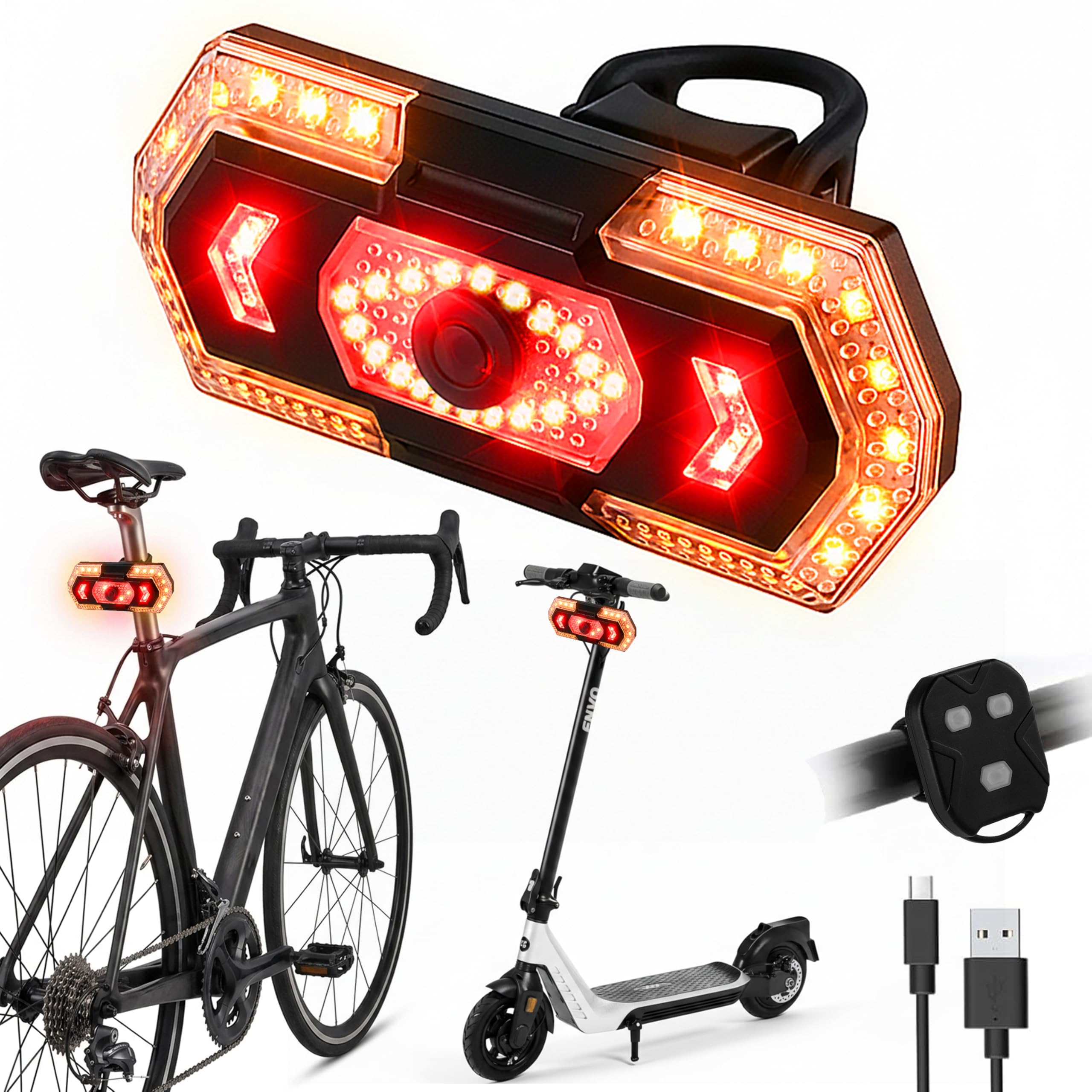 Wood Homing Bike Tail Light with Turn Signal - Led Bicycle Rear Indicator Light Reflector with USB Rechargeable Remote Control Alarm Horn for Mountain Road Cycle Scooter Waterproof Safe Bike Accessory
