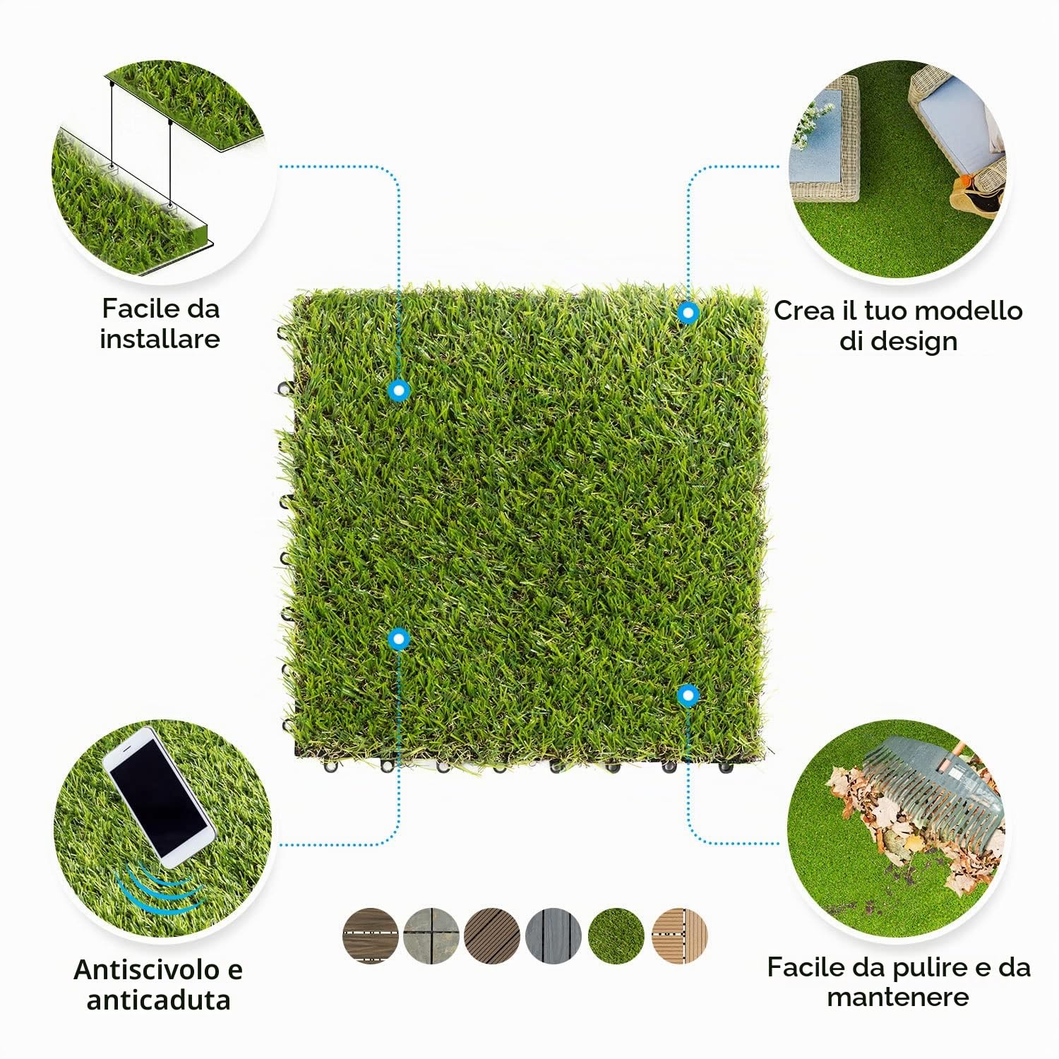 Floordirekt Piastrelle a clic, 30 x 30 cm, 2 m² = 22 piastrelle per terrazze, balconi e terrazze, resistenti alle intemperie, con funzione di drenaggio, erba