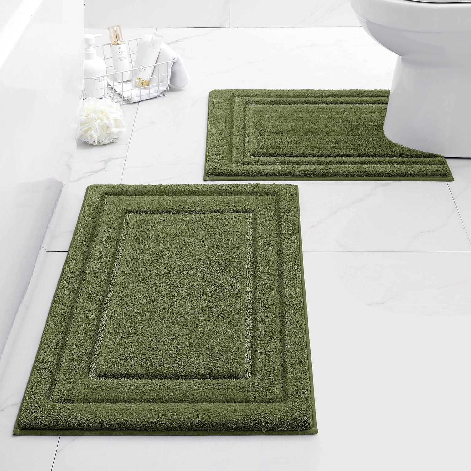 HOMEIDEAS Bathroom Rugs Sets 2 Piece, Super Soft and Absorbent Non Slip Microfiber U-Shaped Toilet Bath Mat Set (20"x32"+U20 x24, Sage Green)