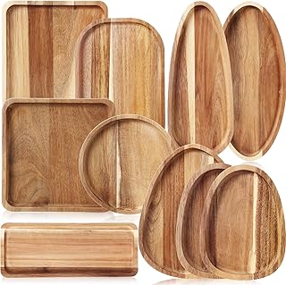 Set of 10 Christmas Acacia Wooden Serving Platter Christmas Engraved Multi Shape Wood Platters Xmas Wooden Plate Wood Charcuterie Board for Cookie Dessert Housewarming Gift(Classic Style)