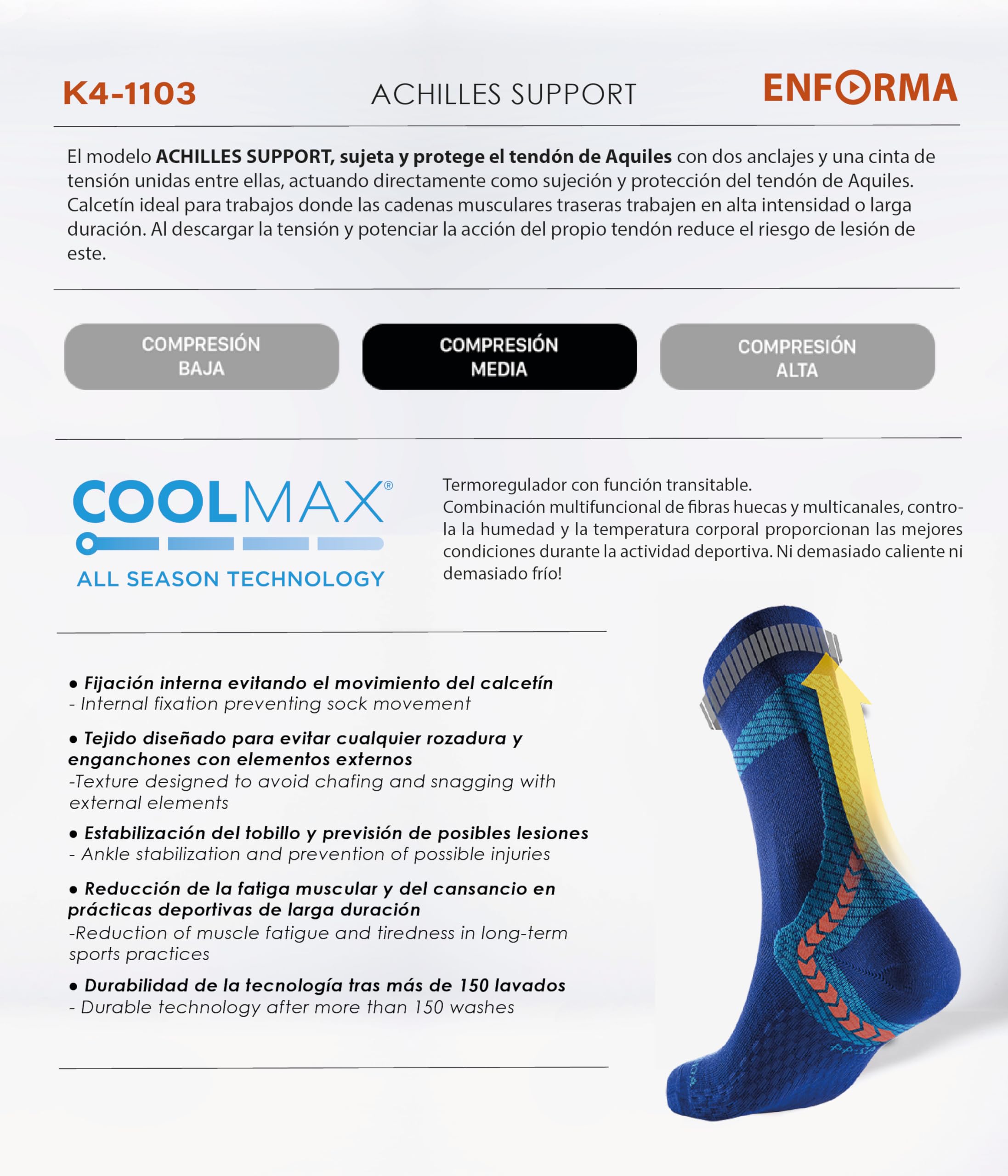 Enforma® Calcetines Técnicos TAPE SOCKS con Tecnología COOLMAX -ACHILLES SUPPORT Máxima Comodidad para Running, Trail Running, Alivio y Protección del Tendón de Aquiles