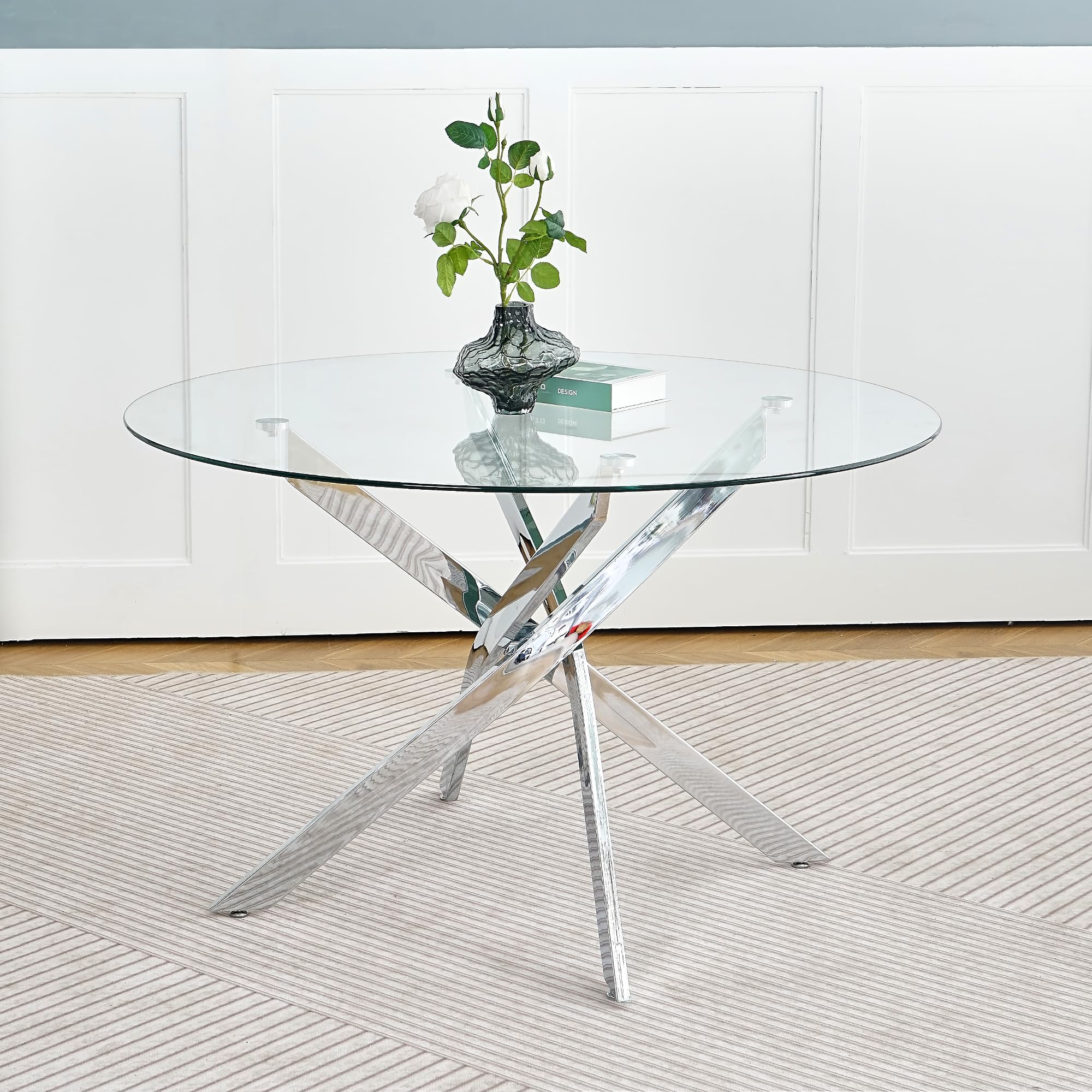 SEE DESCRIPTION yeag Round Glass Dining Table for 4, 47" Modern Kitchen Table with Clear Tempered Glass Tabletop, Silver Chrome Metal Legs, Adjustable Foot Pads, Circle Dining Table for Kitchen Dining Room Office