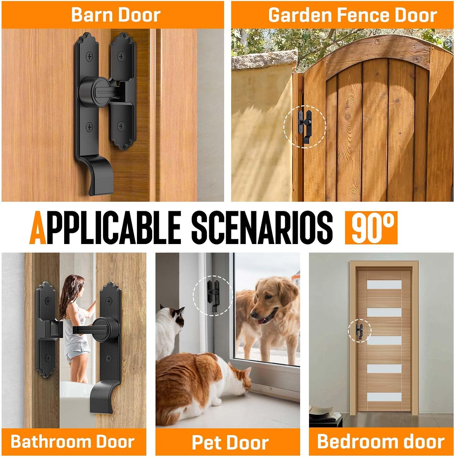 90/180 Degree Barn Door Latch, Heavy Duty Hardware Sliding Screen Door Lock, Sliding Latch Lock with Handle for Bathroom, Bedroom, Cabinets, Garden, Garage, Outdoor (90 Degree Black-1pcs)