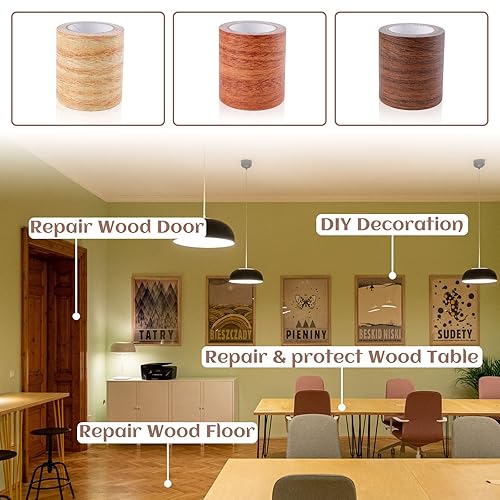 Miniatura 3 de DIBALIYI 2 rollos de cintas de grano de color madera, parche de reparación de pisos, adhesivo texturizado, cinta impresa de madera, parche de