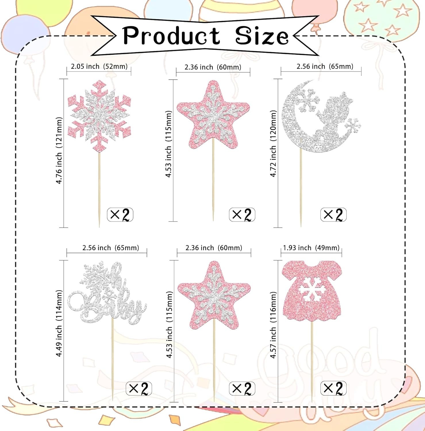 12 PCS Silver Pink oh baby Cupcake Toppers - Snowflake Themed Cupcake Decorations, Baby Shower, Gender Reveal, Children's Birthday Party Cupcake Decor - Image 4