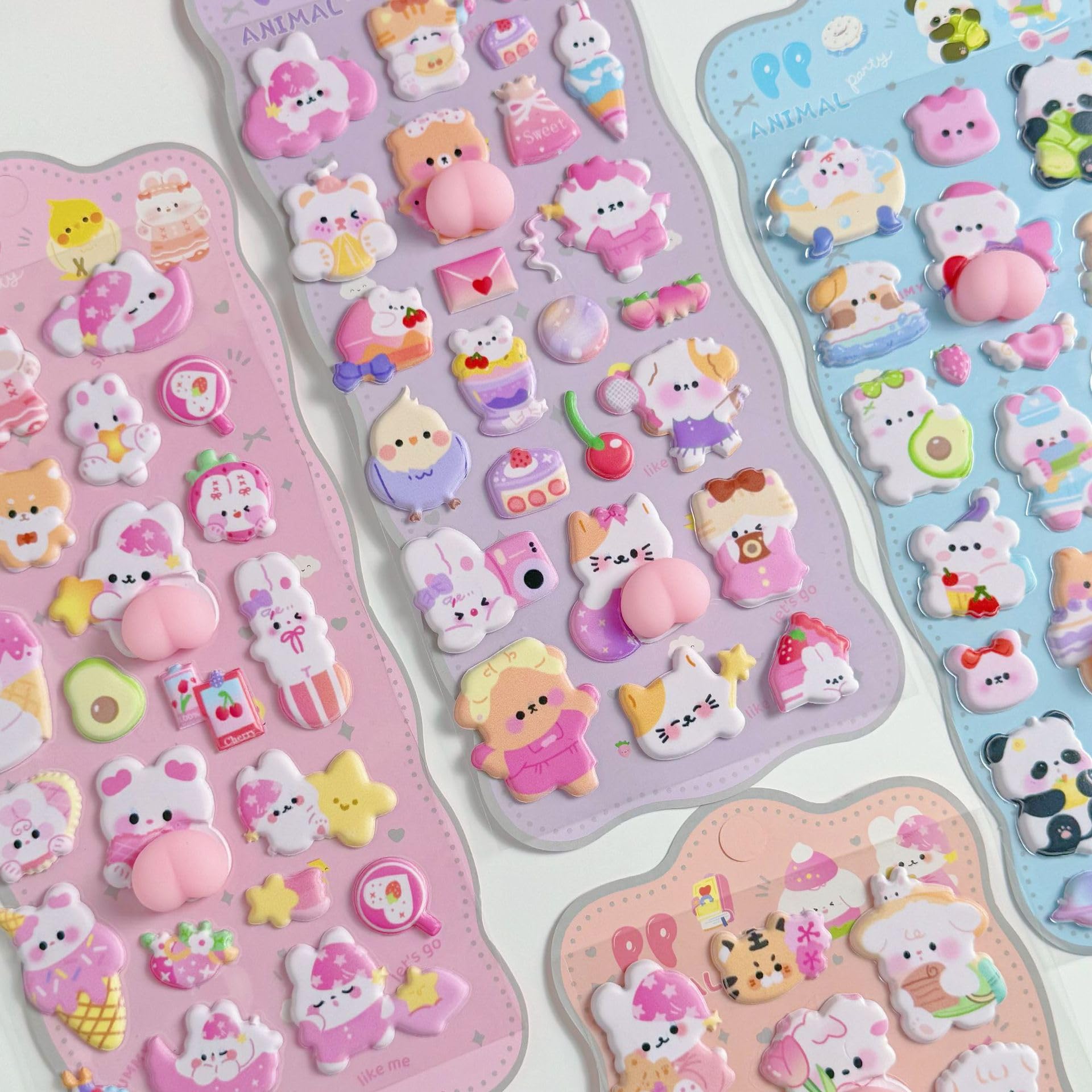 【触りたくなる】4枚セット 重複なし おしり ぷにぷにシール ぷくぷく 3D 立体 ステッカー キャラクター風 マシュマロ感 スクイーズ風 シール帳 デコレーション - 4