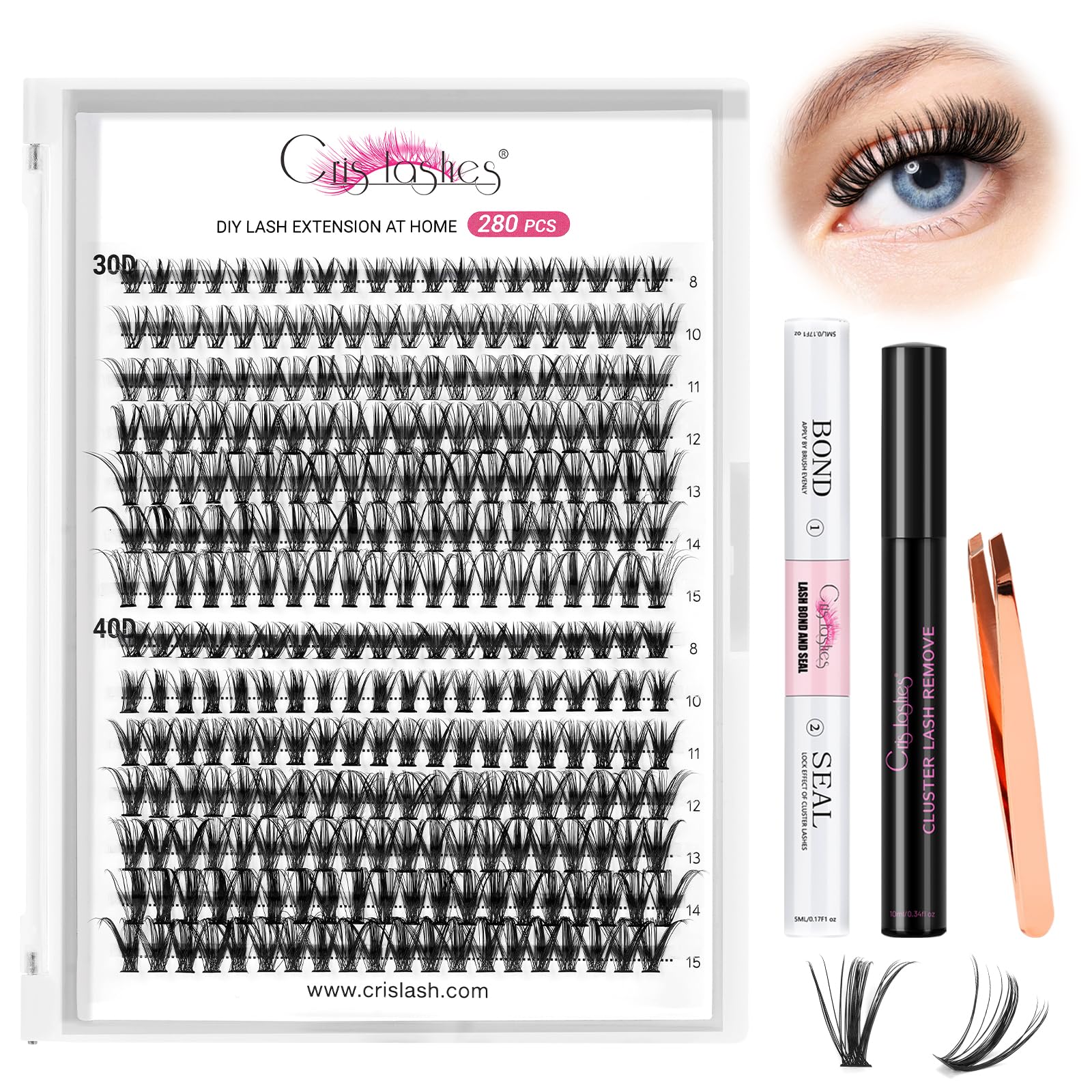 Crislashes Extensiones de Pestañas, 280pcs 30D+40D Kit de Extensiones de Pestañas, Mezcla de Pestañas D Curl 8-15mm, Removedor de Pegamento y Pinzas Reutilizables (kit 30D+40D)