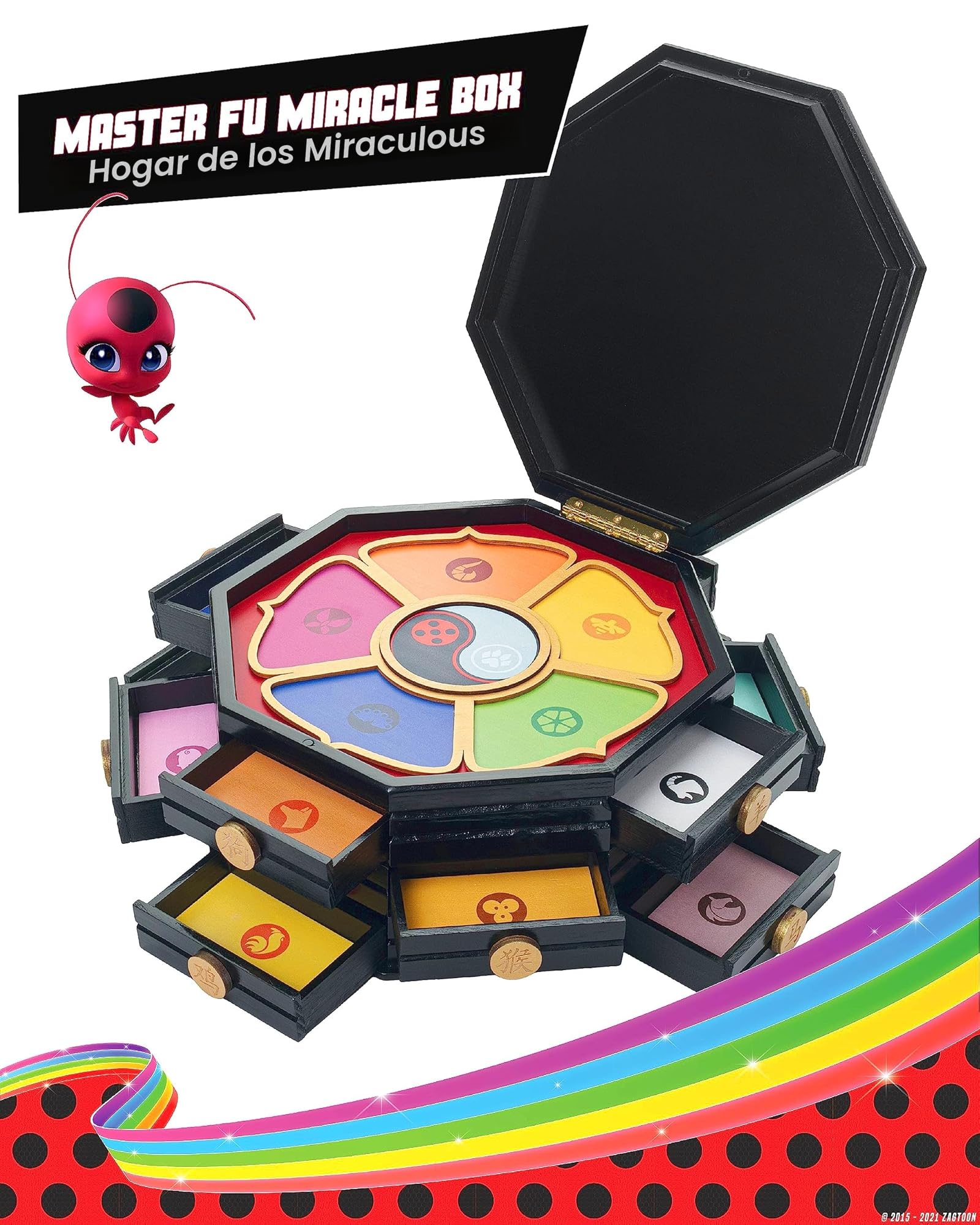 corimori Miraculous Ladybug Cofre de madera con licencia oficial, caja milagrosa del Maestro Fu de 26 cm