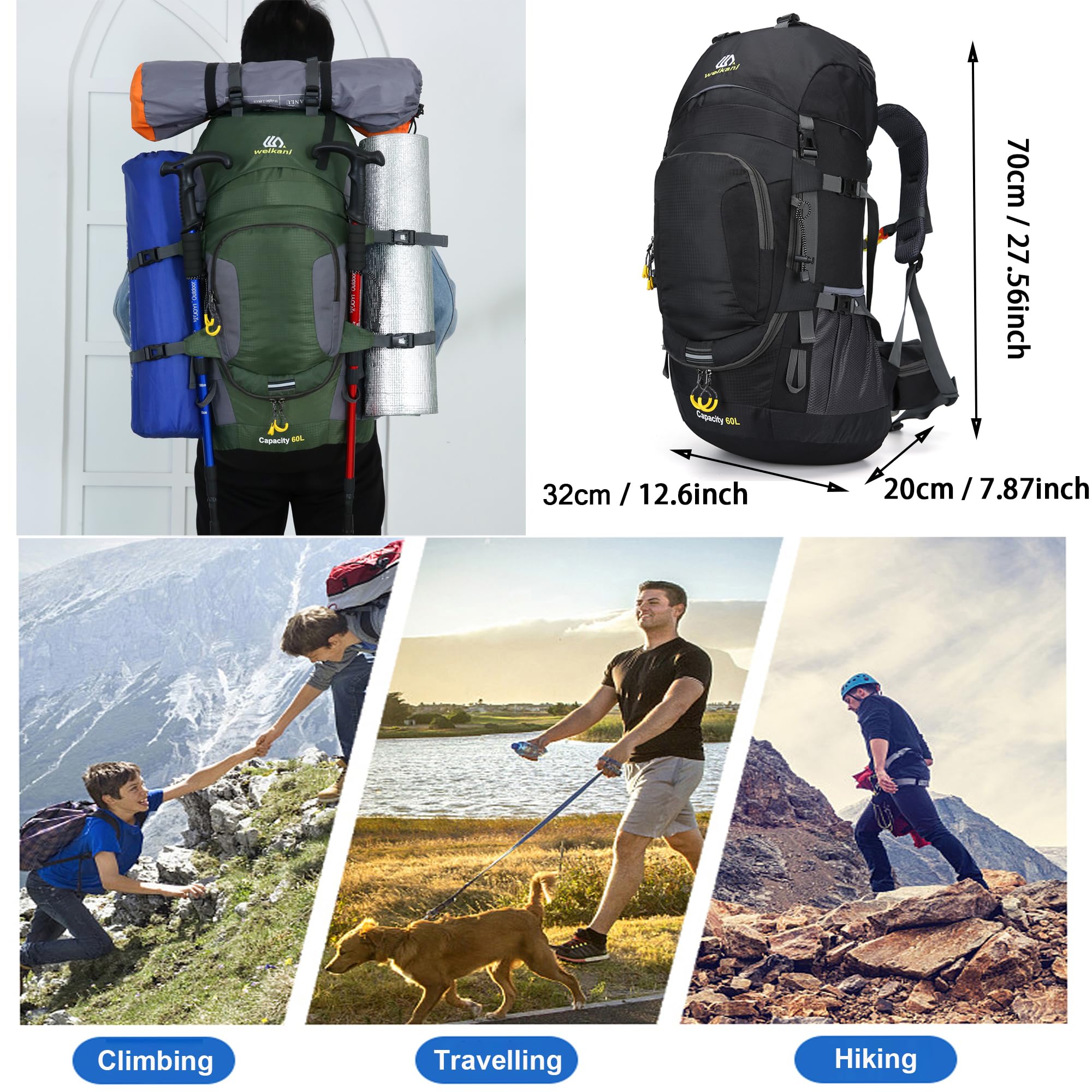 Mochila de senderismo de 60 litros con cubierta para la lluvia, impermeable, ligera, mochila de viaje al aire libre, mochila grande para hombres y mujeres, mochila de día de alta capacidad
