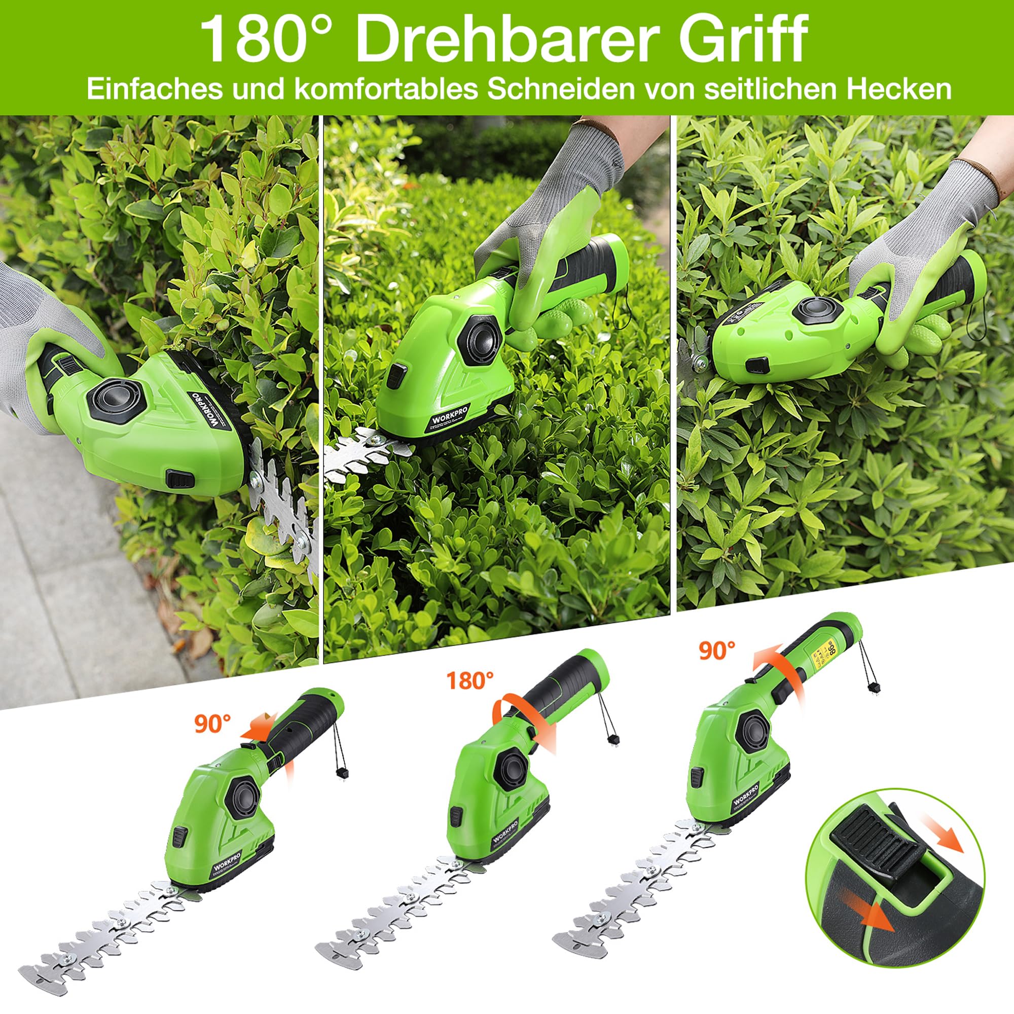WORKPRO Akku Gras- und Strauchschere, Kabellose Handliche Grasscheren | 7,2V, 2000mAh, 2 Verschiedene Messer, Schnittbreite 9,7cm, Schnittlänge 14cm, mit Akku und Ladekabel