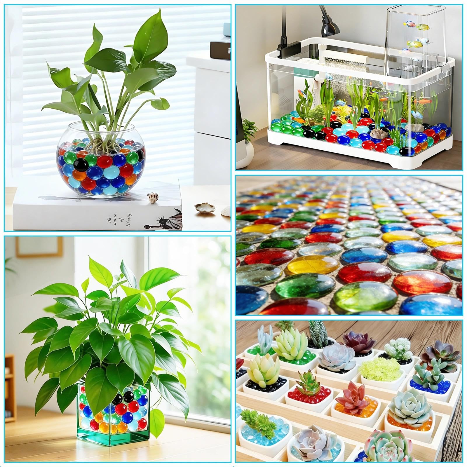 1600 g Billes Plates, Galets de Verre Bleu Billes de Verre Plat 17-19 mm, Perles de Verre pour Vases Galets Décoratifs pour DIY Vases Aquariums Pots de Fleurs(env. 350 pcs)
