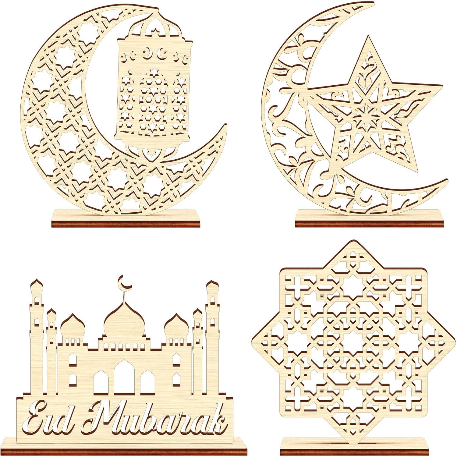 Ramadan & Eid Table Decor Wooden Moon Star Signs Festival Home Decoration 5.9 x 5.9 Inch (15 x 15 cm) Set of 4 Pcs Ready-to-Display American Elm