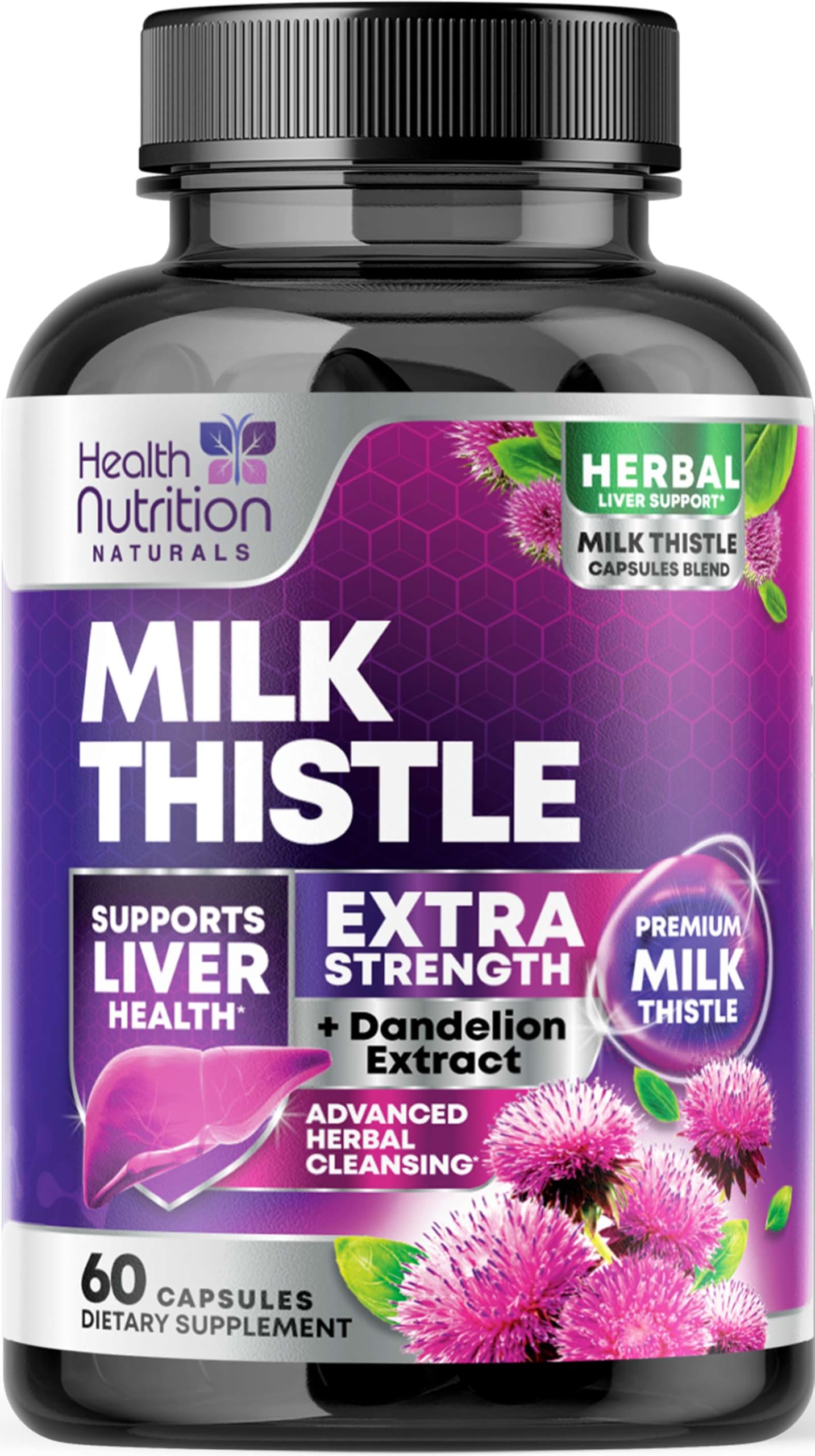 Health Nutrition Naturals — Suplemento fitoterápico de cardo-mariano com silimarina — 60 cápsulas