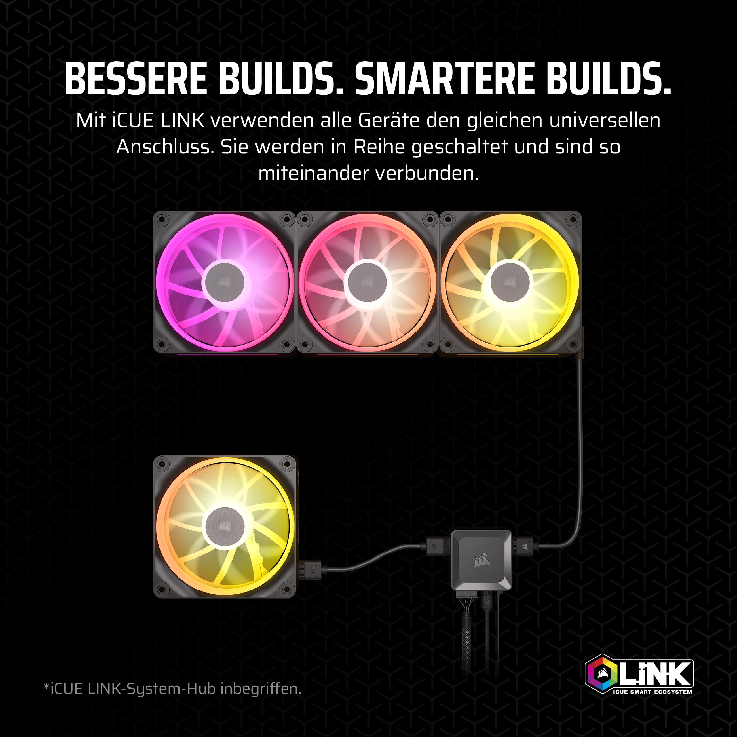 Corsair iCUE LINK LX120 RGB 120mm PWM-Lüfter Dreierpack – Dual Light Loops – Inklusive iCUE LINK System Hub – Corsair AirGuide Technologie – Schwarz