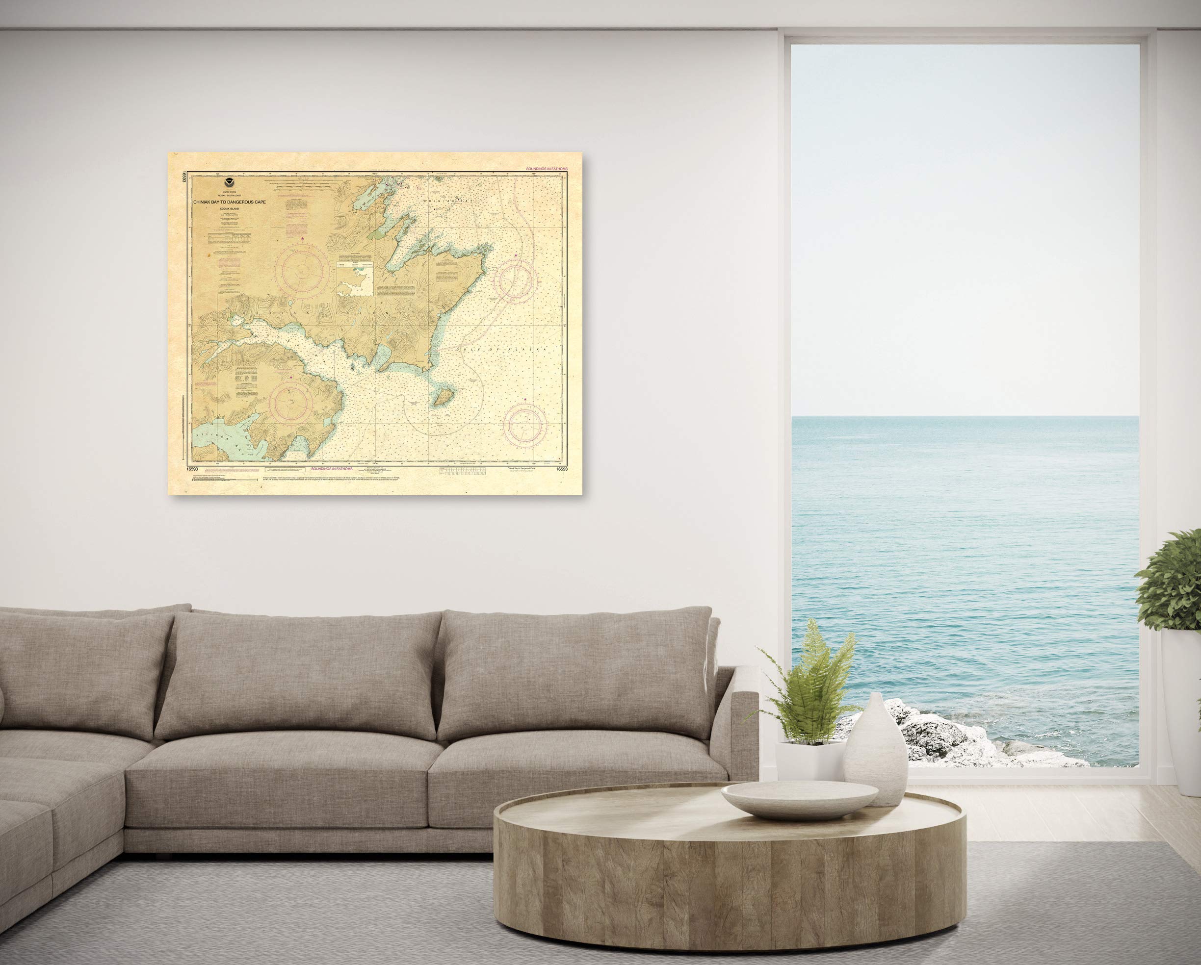 Paradise Cay Publications, Inc. Antiqued NOAA Chart 16593: Chiniak Bay to Dangerous Cape