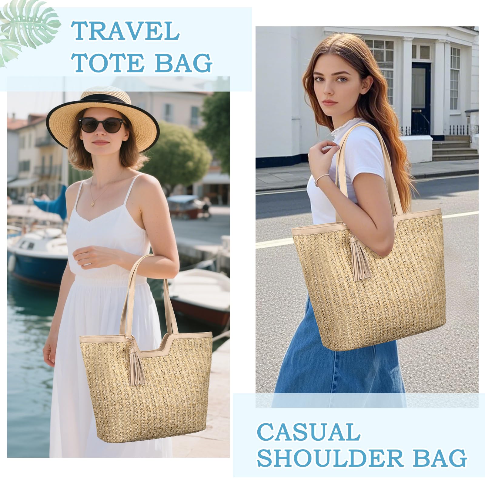 VASCHY Bolsa Playa de Paja para Mujer, Bolsa Tote Bag de Verano Bolsa de Hombro Plegable Bolsa de Mano para Shopper Viaje Bolso Bohemia con Cremallera para Uso Diario