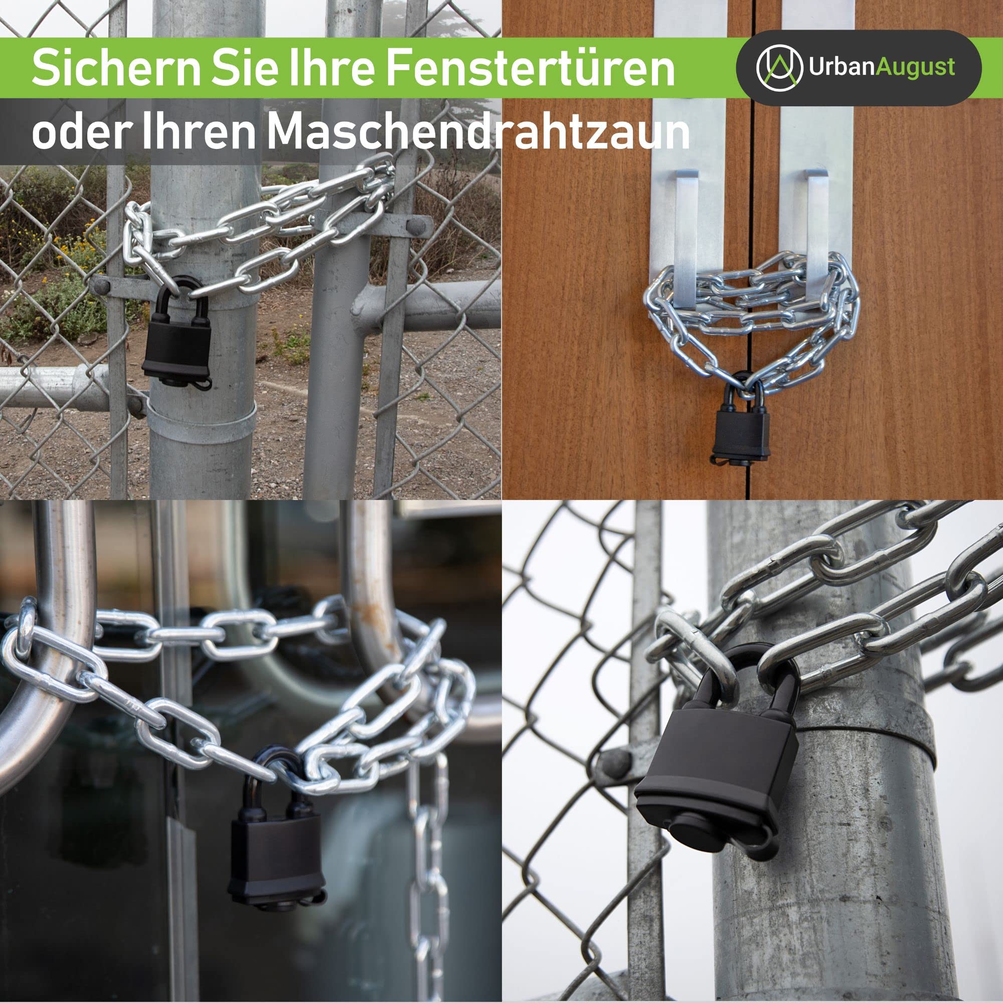 Urban August Sicherheitskette mit Vorhängeschloss – Kettenschloss aus 8mm Edelstahl - Witterungsbeständig & Extrem Robust - Ideal für Tore, Fahrräder, Zäune, Mülltonnen - Rostfreier Stahl (Chrom)