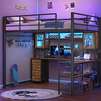 ADORNEVE Full Size Gaming Loft Bed with Desk & Hutch, Storage Drawers, Safety Power Outlet, Metal Loft Bed Frame with RGB Lights, Space Saving Gamer Loft for Teens, Guardrail & Ladder, Black
