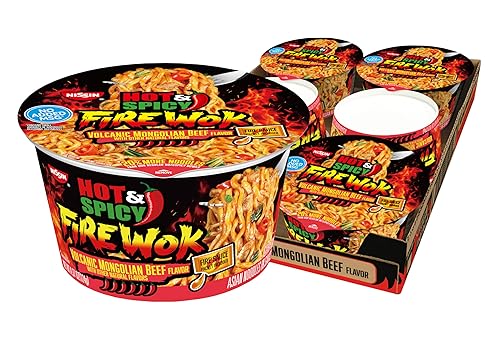 Nissin Wok de fuego caliente y picante, carne volcánica mongol, 4.37 onzas (paquete de 6)