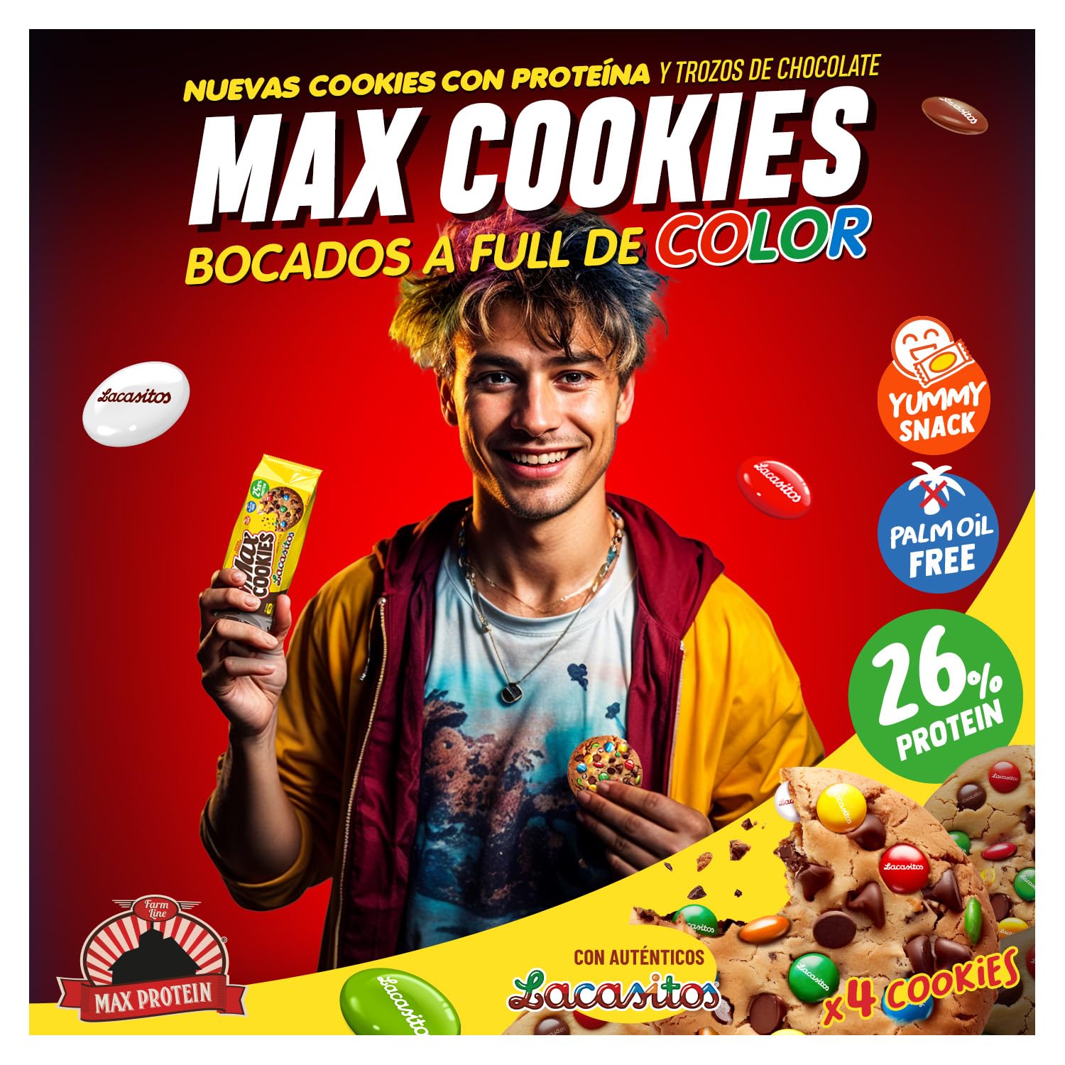 MAX PROTEIN - Max Cookies Lacasitos® - Galletas Proteina - Cookie Proteica con 26% de Proteína cada Galleta - Snack Saludable, Post Entrenamiento - Bajas en Azúcar, Sin Aceite de Palma. (Caja 12)