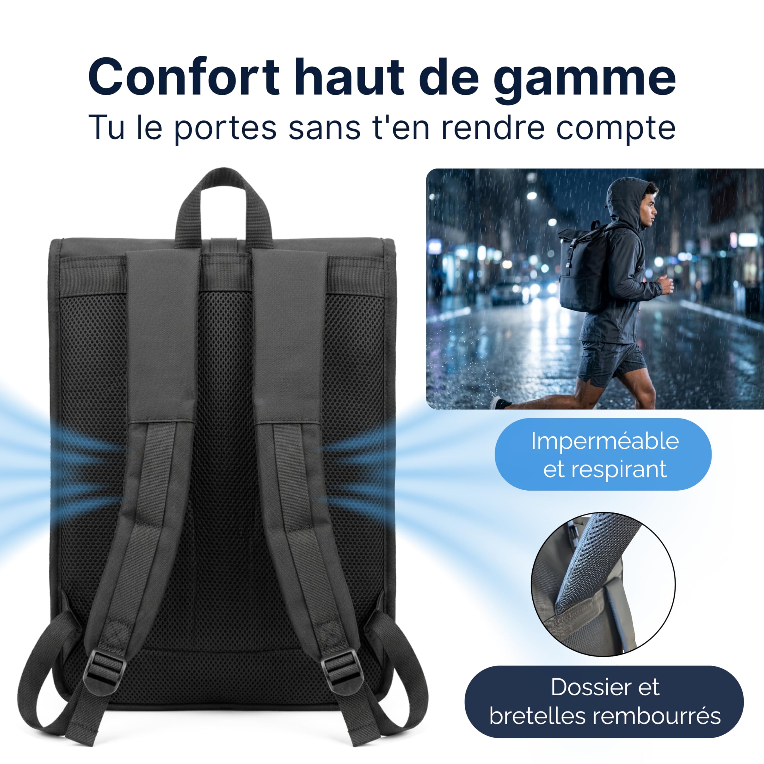 MASC Sac à dos Rolltop Business, sac à dos urbain élégant porte-PC 17 pouces, extensible et idéal pour les voyages, le bureau et l'université