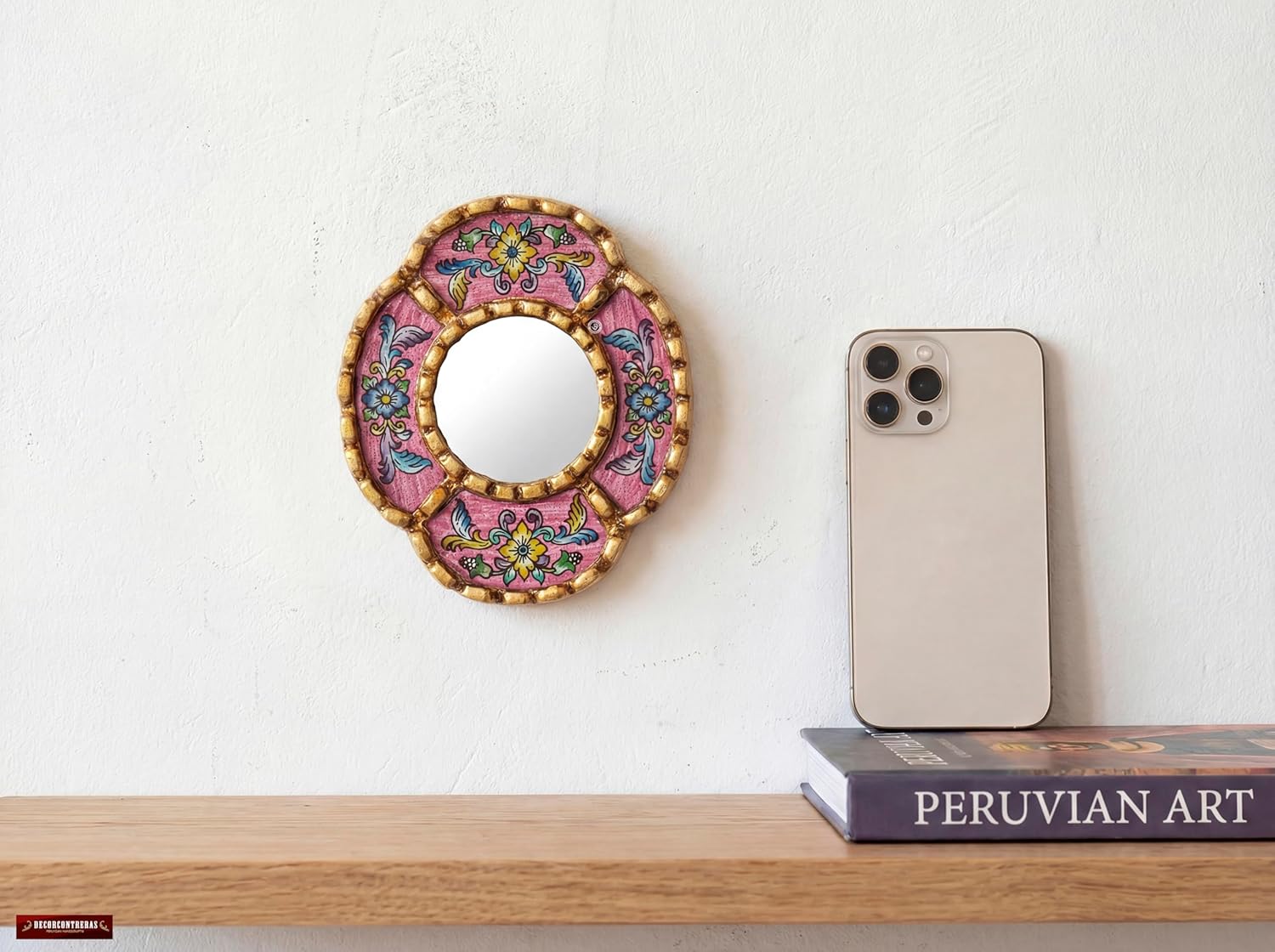 Peruvian Mirror Wall - Handmade Reverse Painted Glass Art - Elegant Miniature Oval Mirror for Gallery Wall - Unique 6" x 5.1" (Pink)