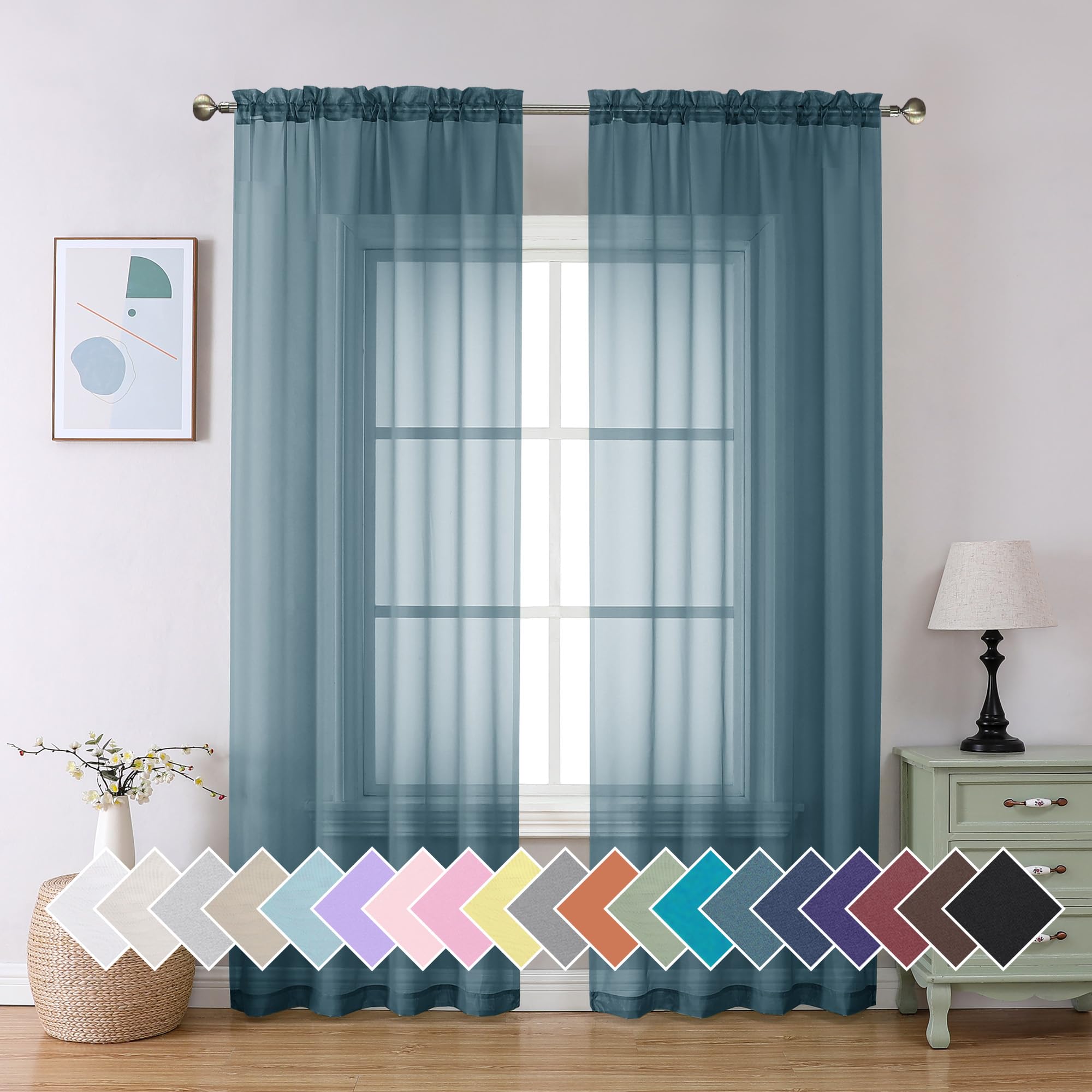 Aiyufeng Sheer Curtains, 213 cm long, 2 panels, light filtering, soft, airy, voile, rod pocket, dust blue, sheer window curtains for bedroom, living room, each 101.6 x