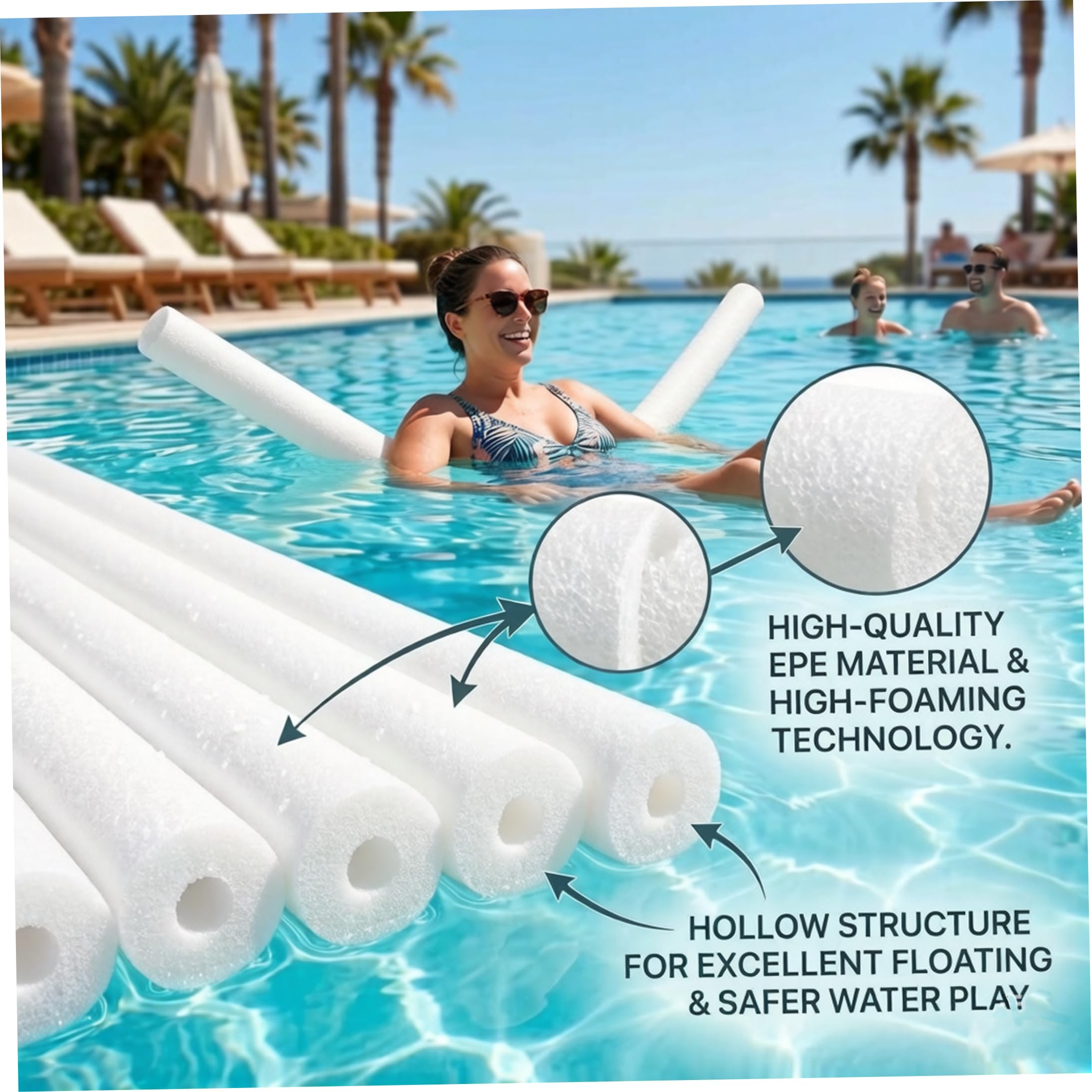 Pool Noodles, Paquete de 3, Espuma Hueca para Nadar, Color Blanco | Espuma suave y flexible, adecuada para todas las edades, ideal para practicar natación en piscina.